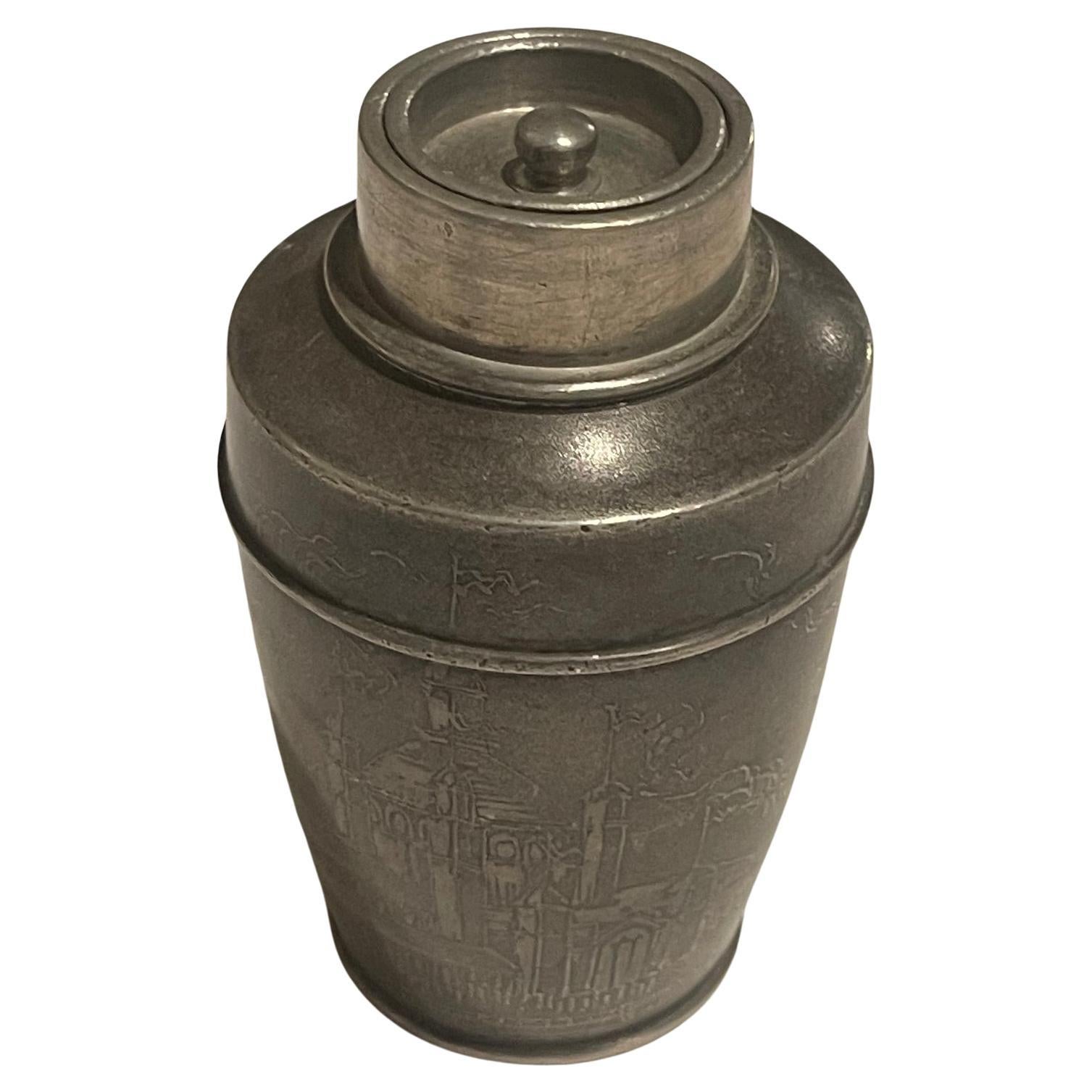 Chinese Pewter Tea or Tobacco Container with Engraved Scene Around, 19th Century For Sale