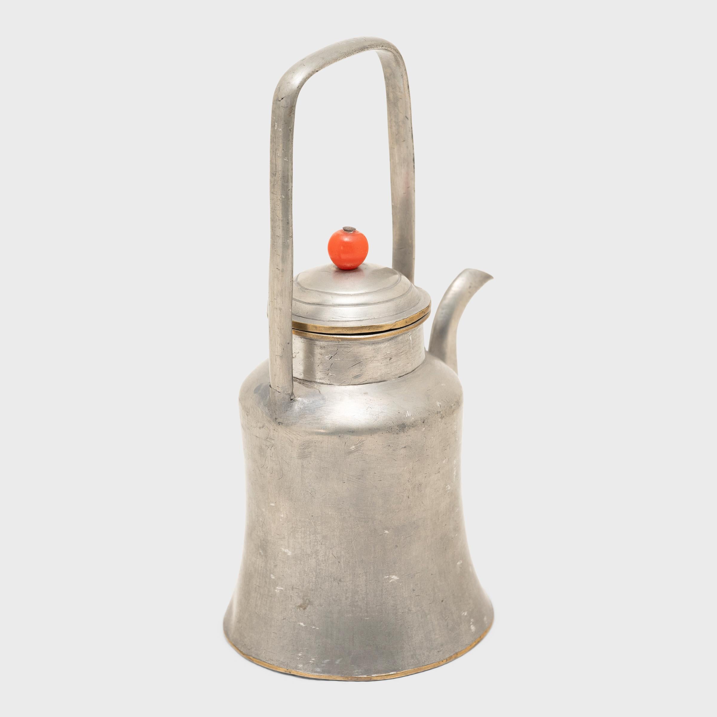 Art Deco Chinese Pewter Teapot with Carnelian Bead, c. 1910 For Sale