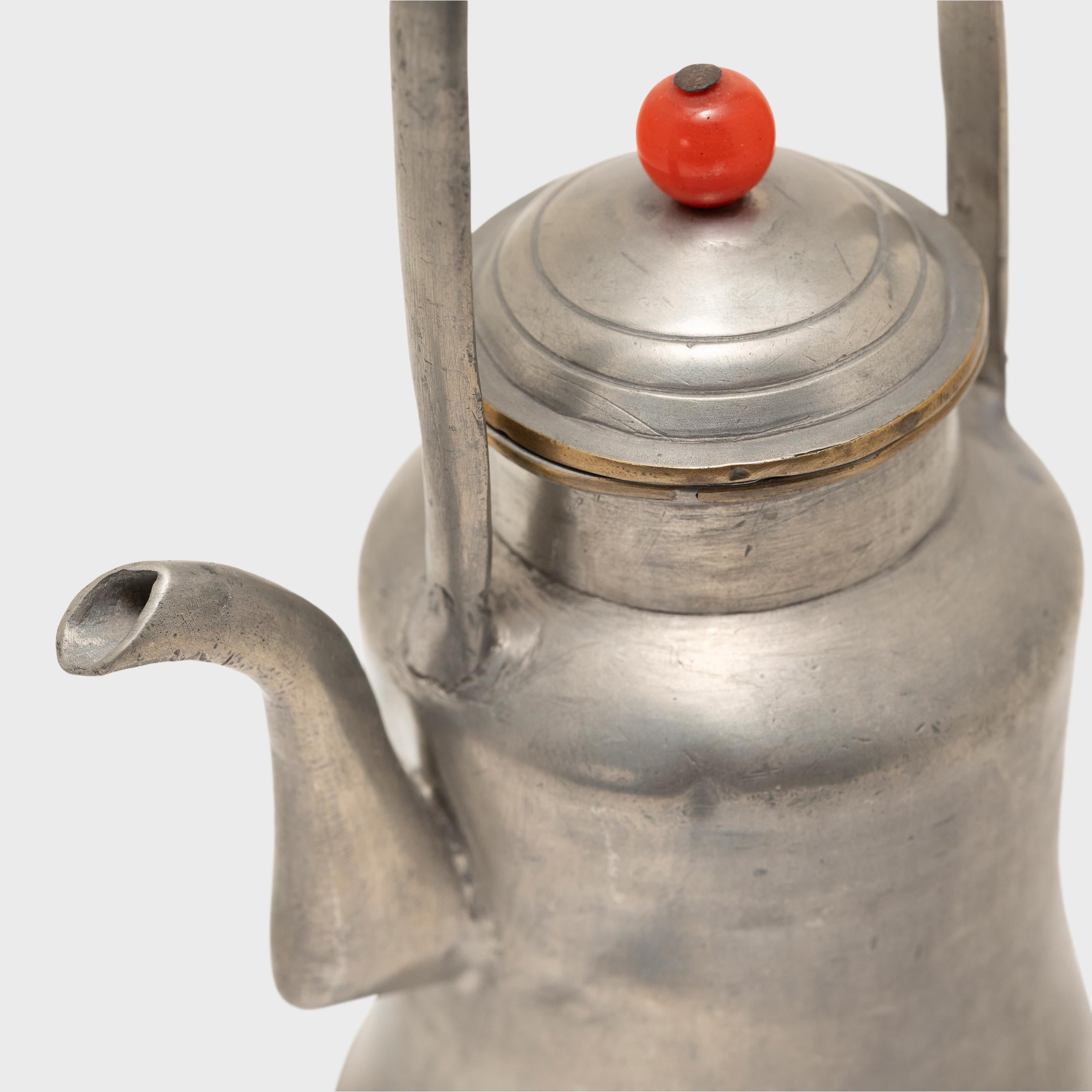 Chinese Pewter Teapot with Carnelian Bead, c. 1910 In Good Condition For Sale In Chicago, IL