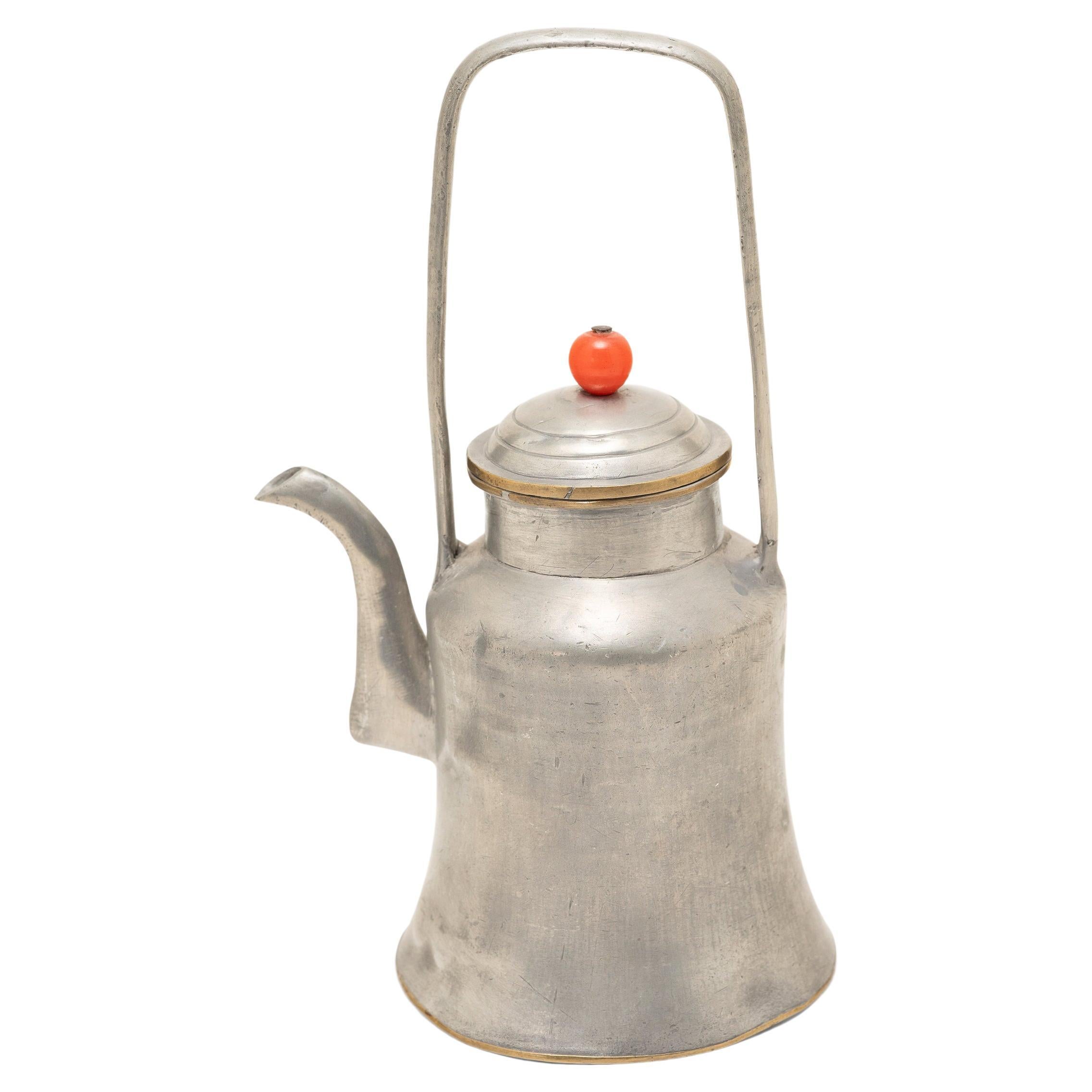 Chinese Pewter Teapot with Carnelian Bead, c. 1910 For Sale