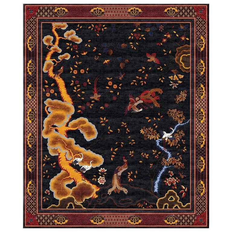 Chinoiserie Silk Rug handmade sustainable Chinese Phoenix Antique