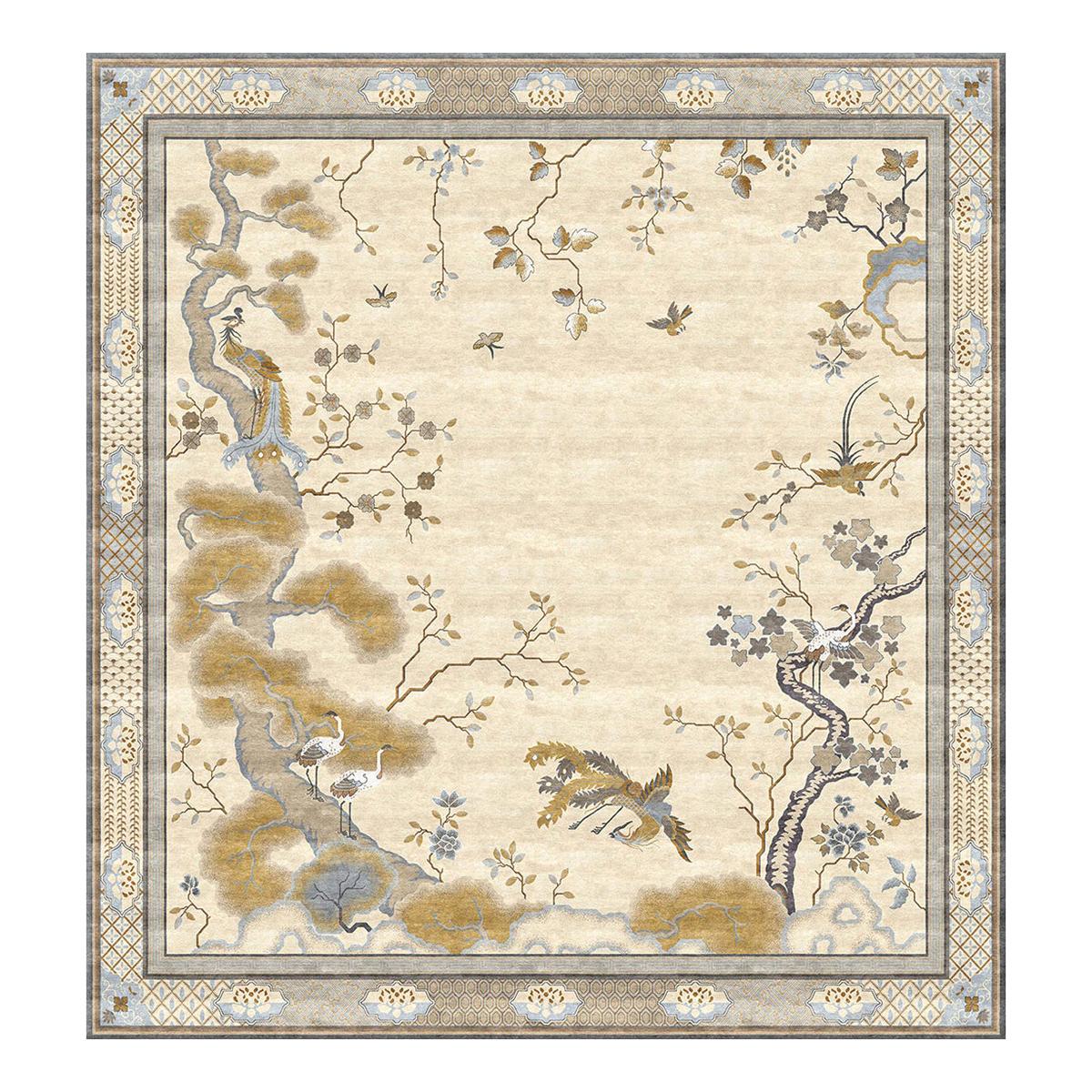 Chinese Pheonix Bronze Beige Traditional Hand Knotted Silk Rug For