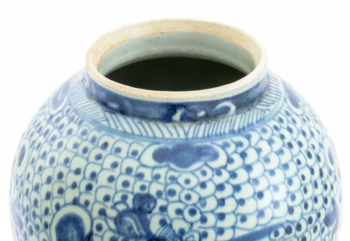 Chinese Phoenix Motif Blue and White Glazed Porcelain Vase, together with carved hardwood stand. Vase: 14