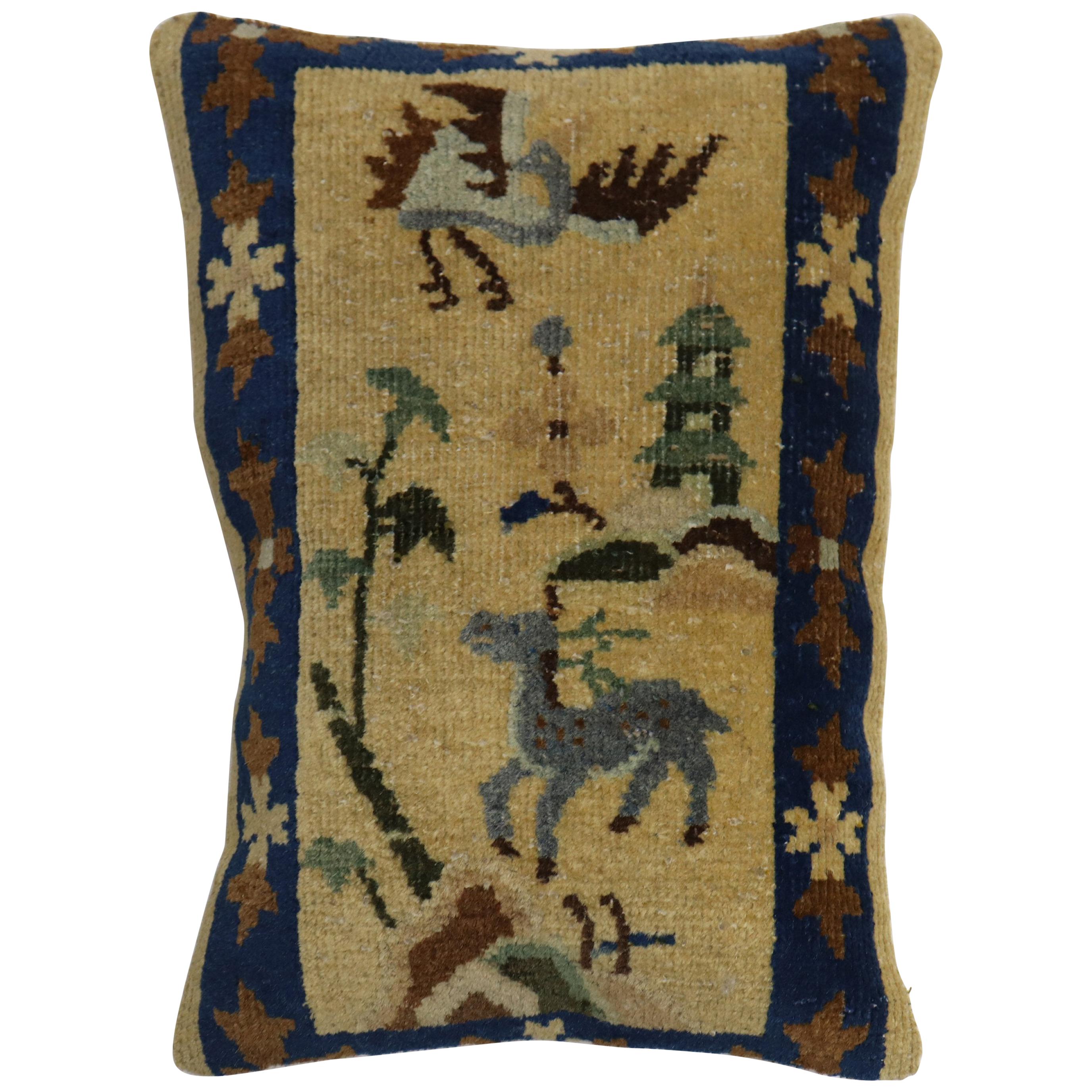 Chinese Pictorial Goat Rug Pillow