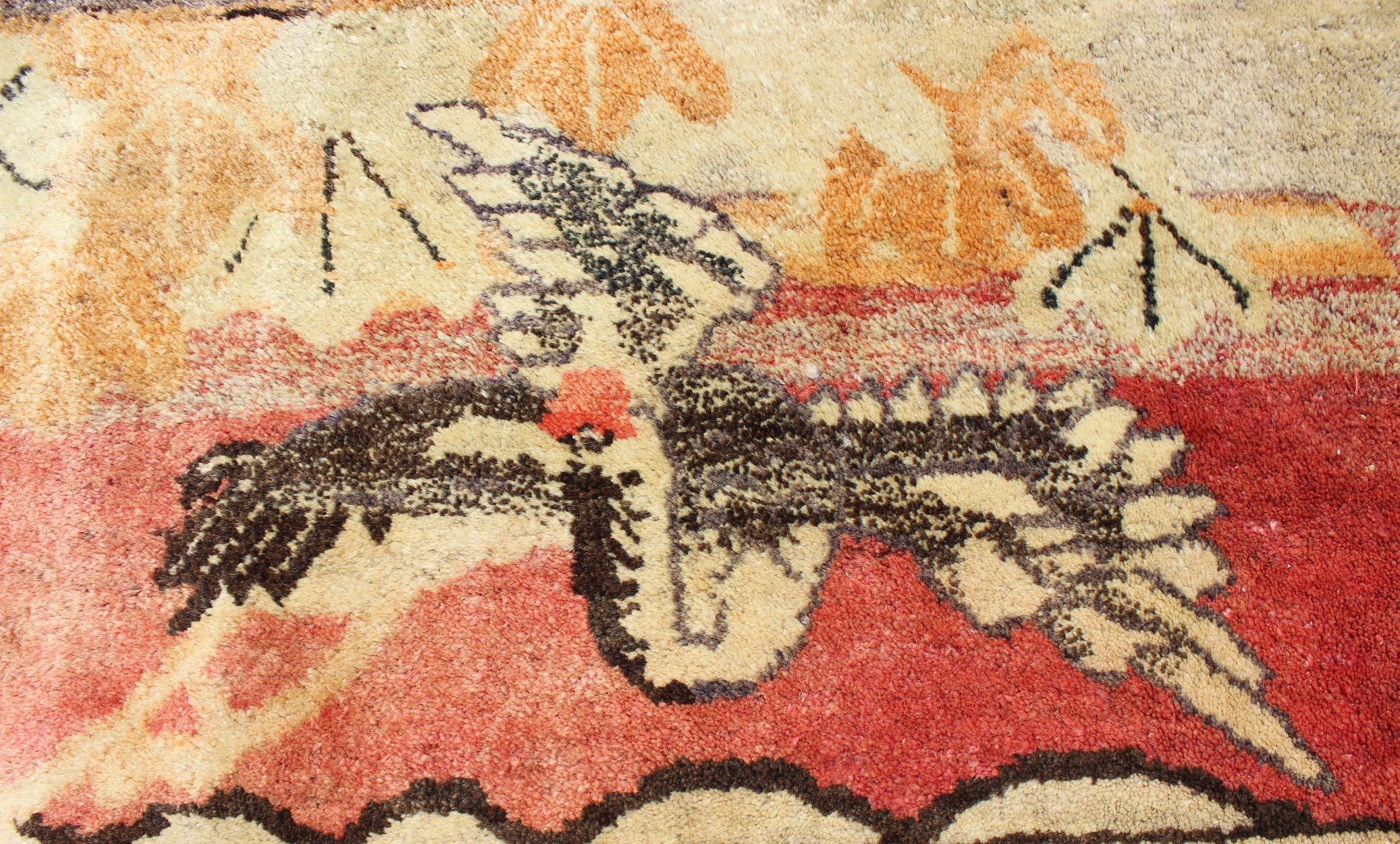 Tibetan Antique Chinese Pictorial Rug with Deer and Crane Figures For Sale