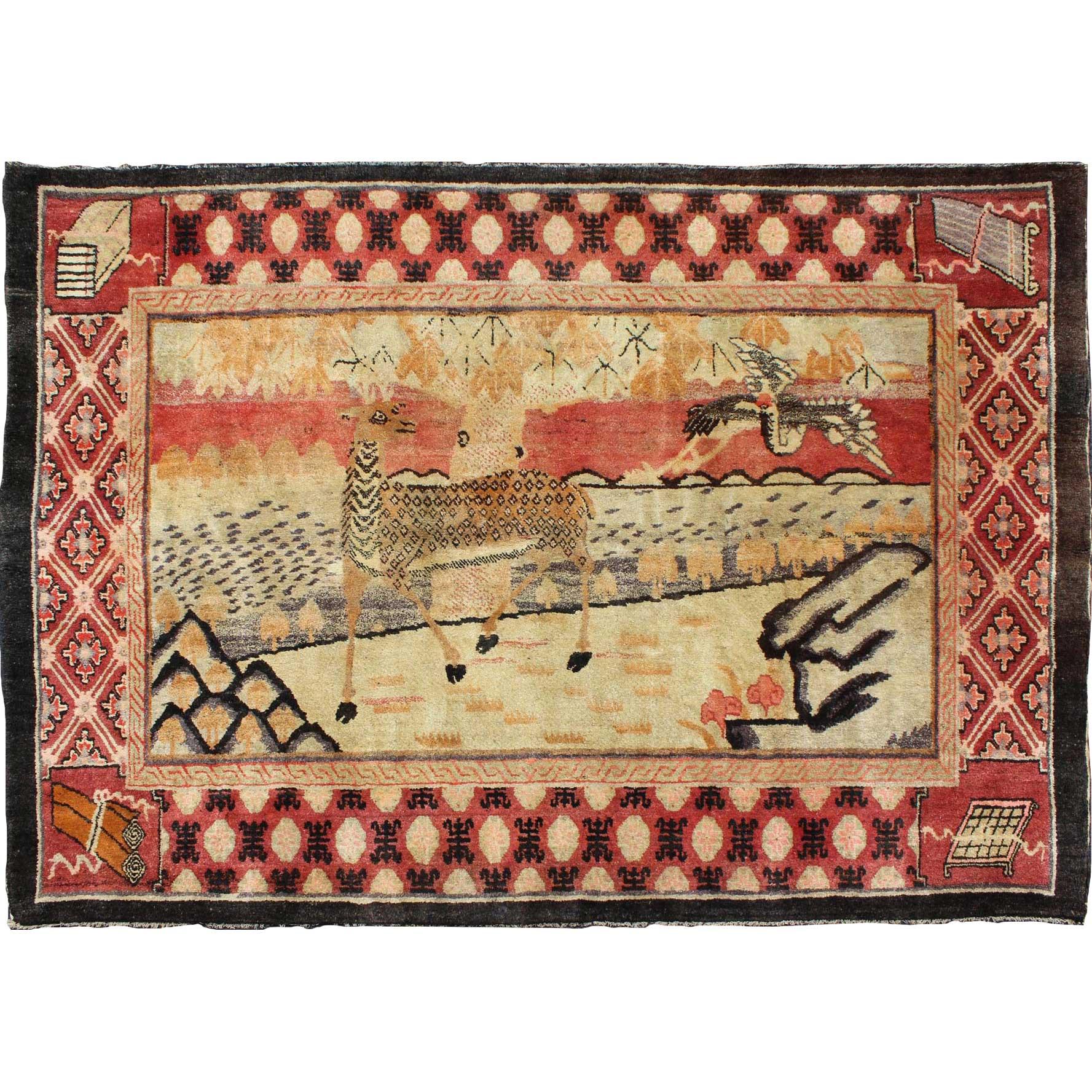 Antique Chinese Pictorial Rug with Deer and Crane Figures For Sale