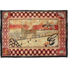 Vintage Chinese Pictorial Rug with Deer and Crane Figures