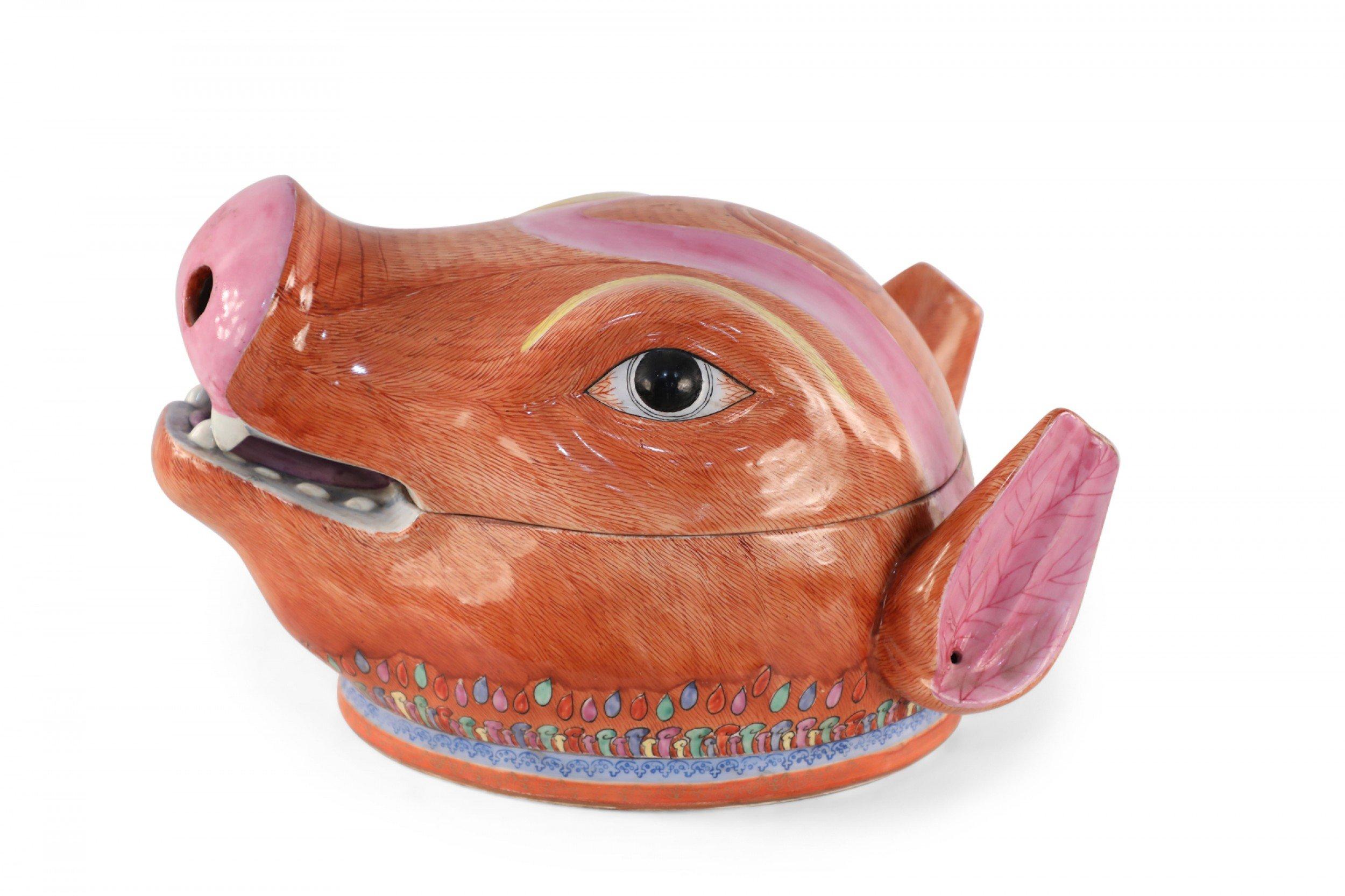 20th Century Chinese Pig Head Shaped Porcelain Tureen For Sale