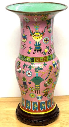 Chinese Pink background Cloisonné "Hundred Antiques" Pattern vase & Stand