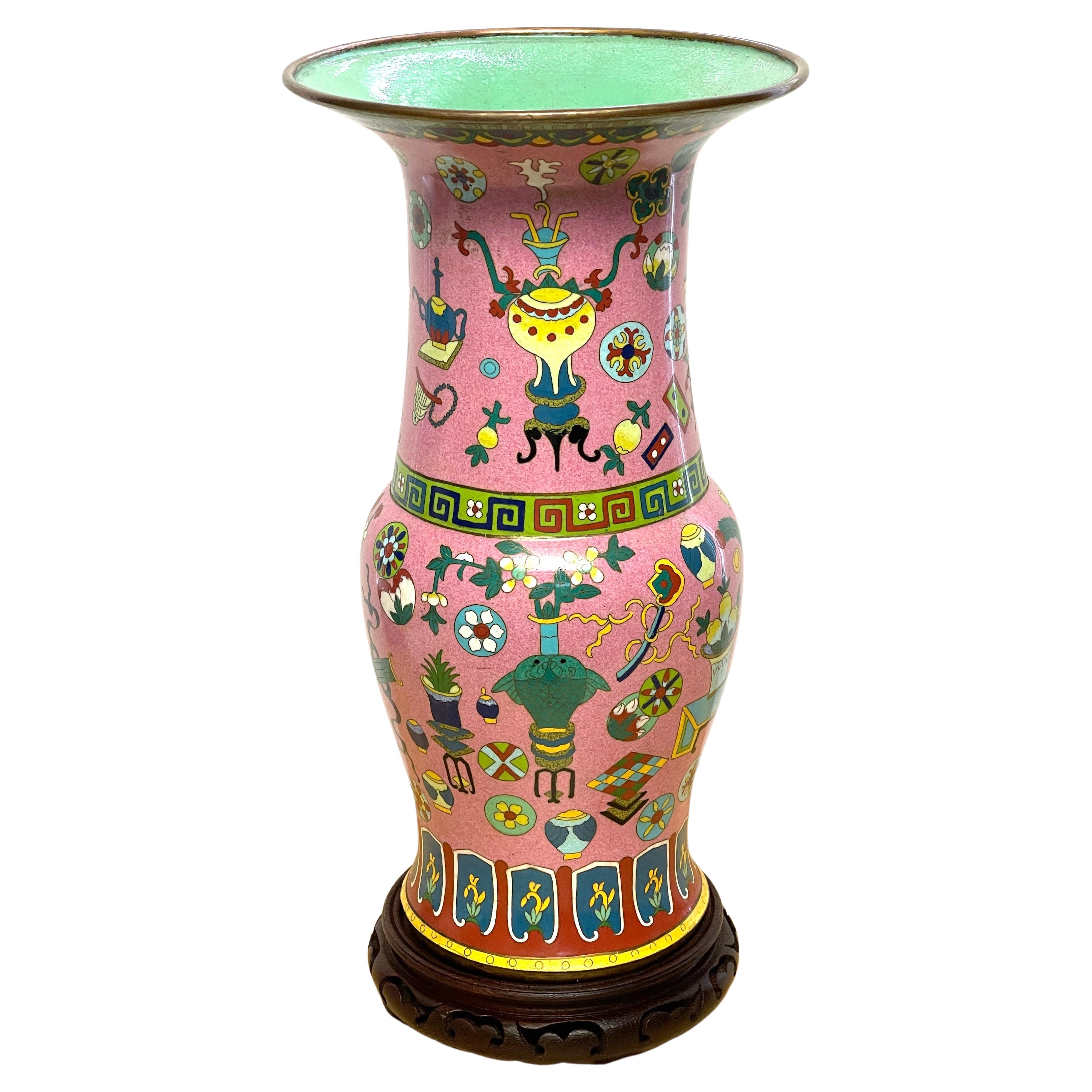 Chinese Pink background Cloisonné "Hundred Antiques" Pattern vase & Stand