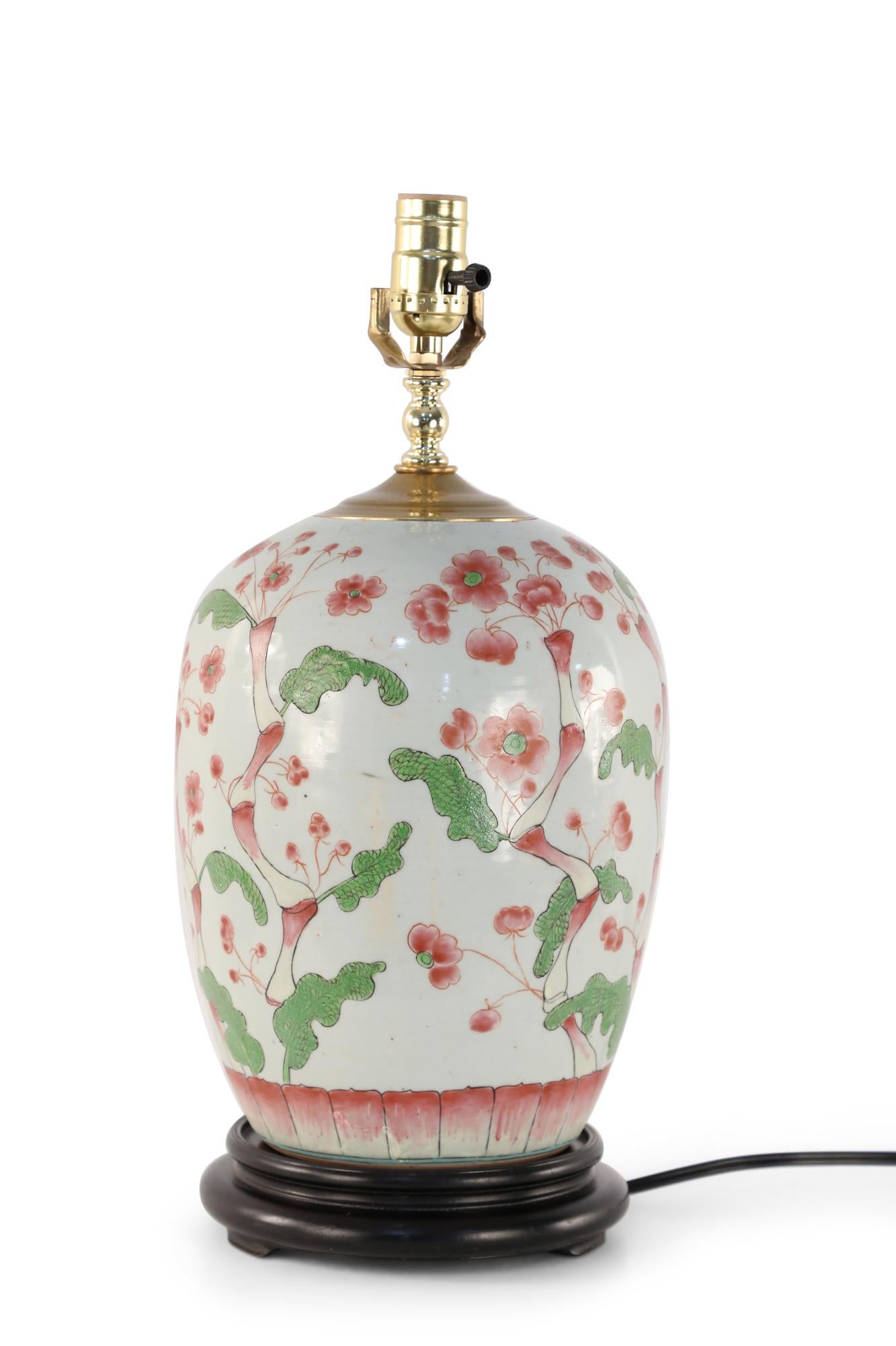 Chinese Export Chinese Pink Cherry Blossom Tree Motif Table Lamp Mounted on a Wooden Base For Sale