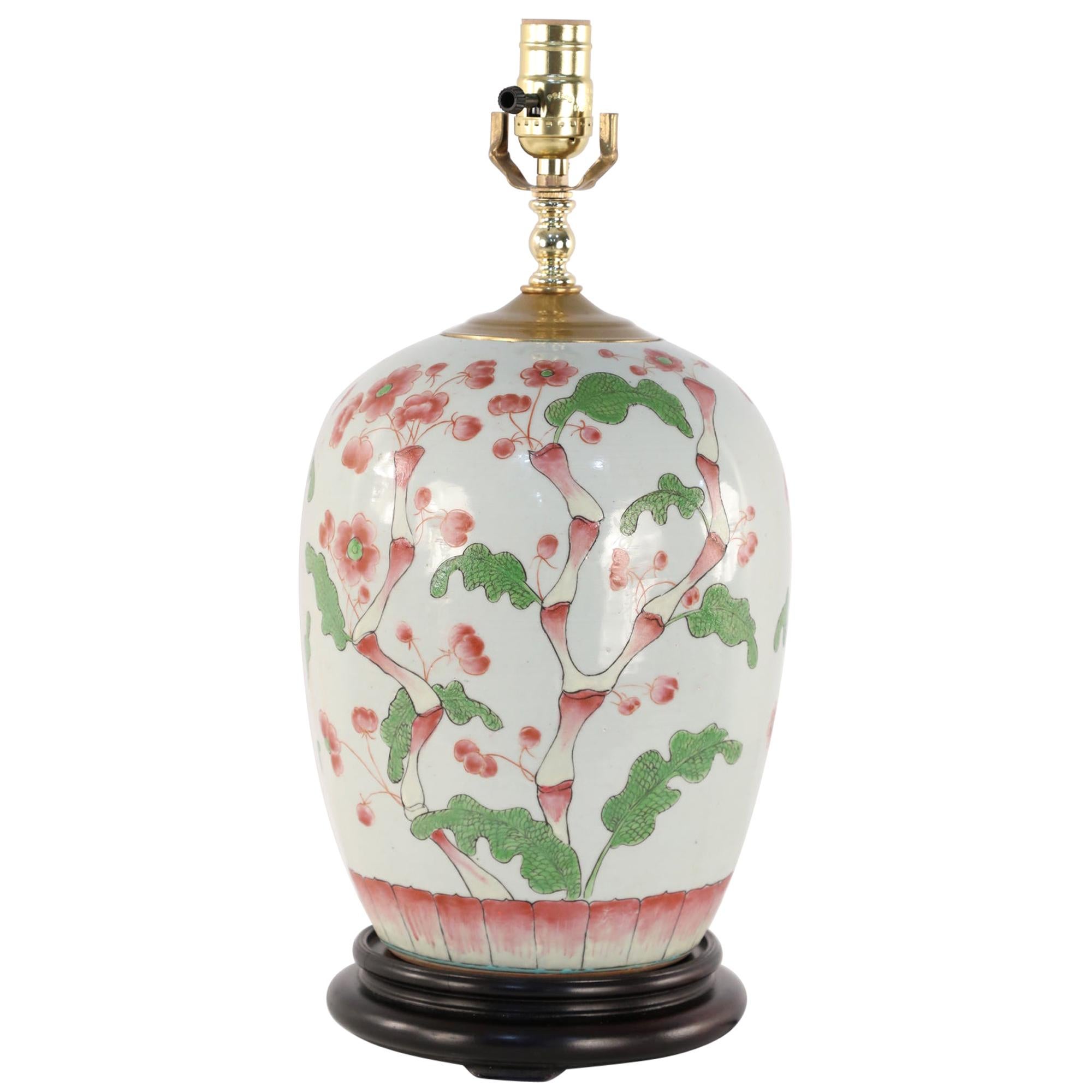 Chinese Pink Cherry Blossom Tree Motif Table Lamp Mounted on a Wooden Base For Sale