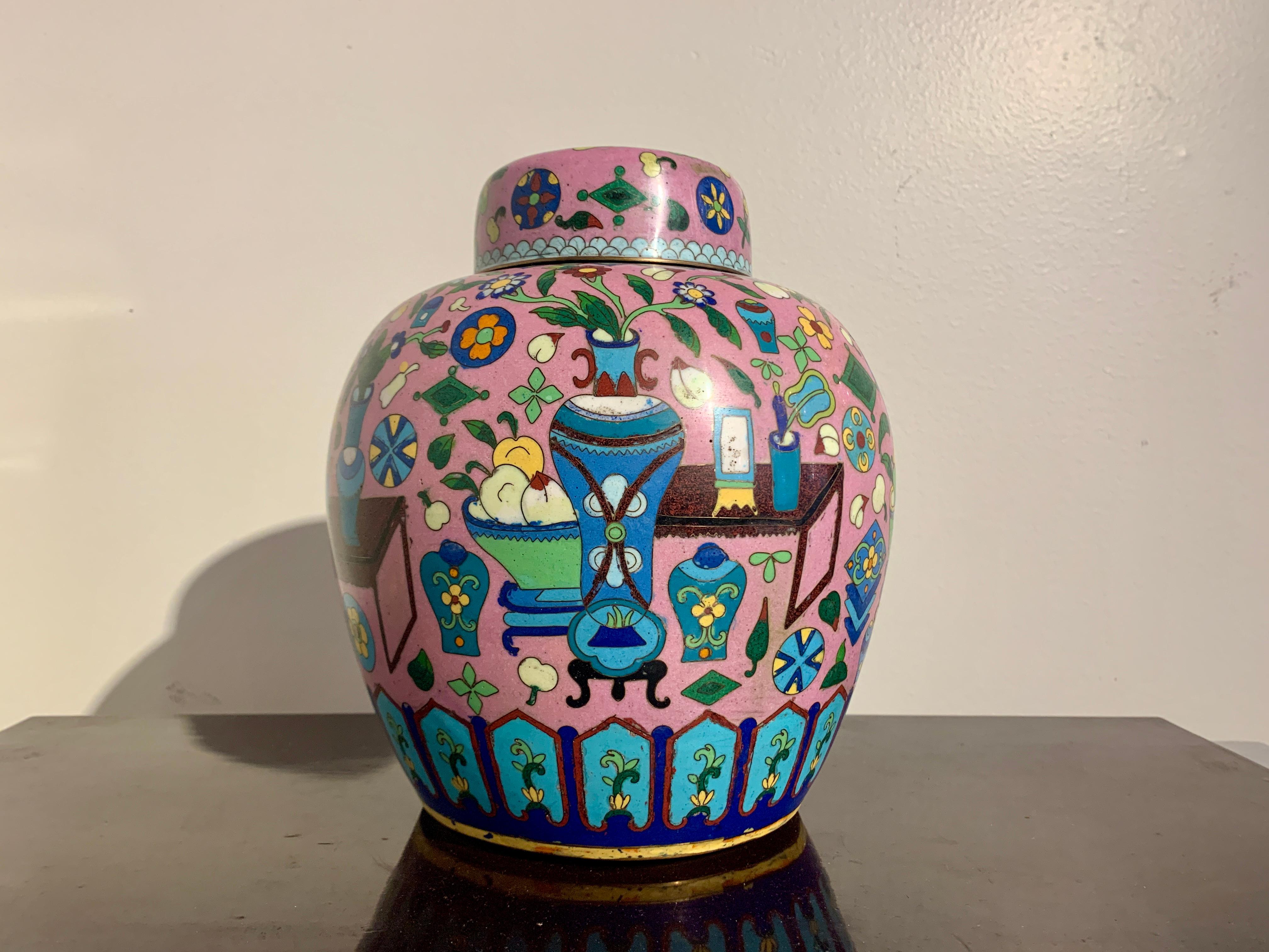 A wonderful pink cloisonné ginger jar with the 
