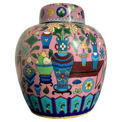 Vintage Chinese Pink Cloisonne "Hundred Antiques" Ginger Jar, Early 20th Century, China