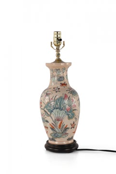 Chinese Pink Floral and Bird Design Table Lamp