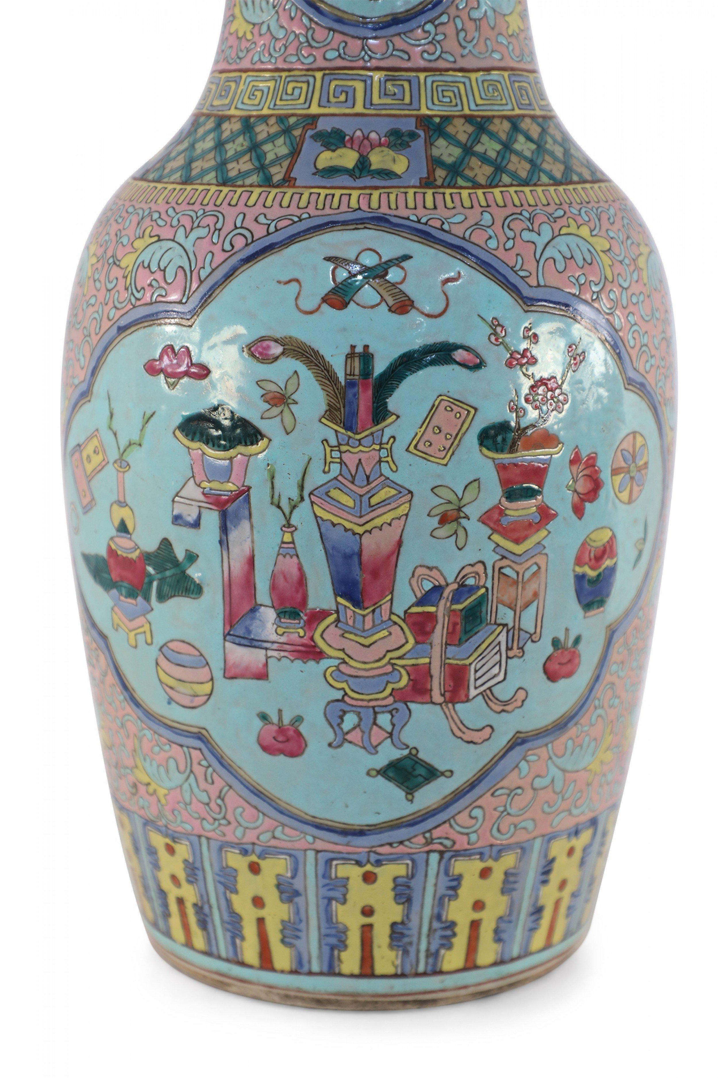 Chinese Pink Floral and Blue Cartouche Porcelain Urn For Sale 5