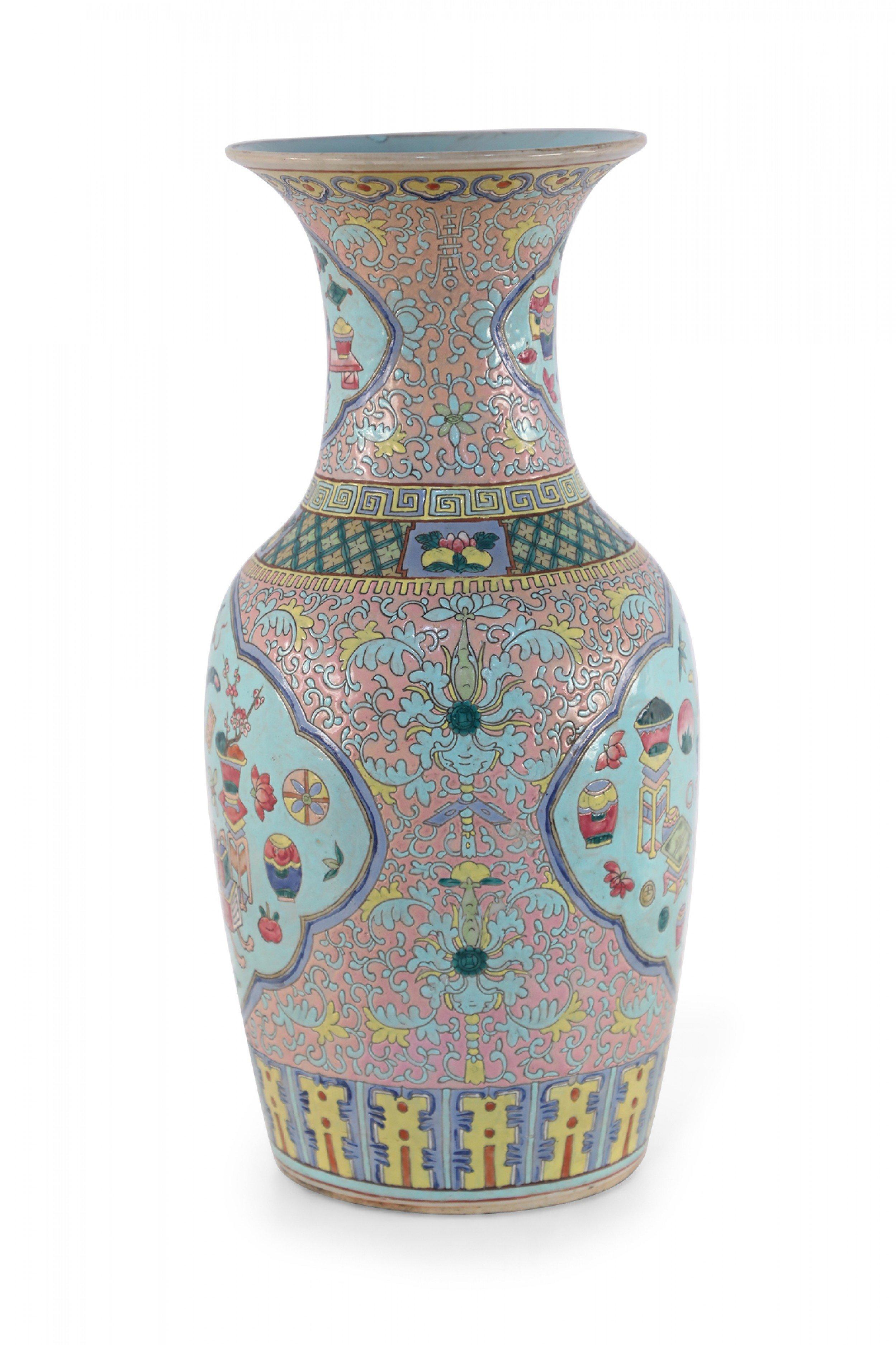 Chinese Pink Floral and Blue Cartouche Porcelain Urn For Sale 6