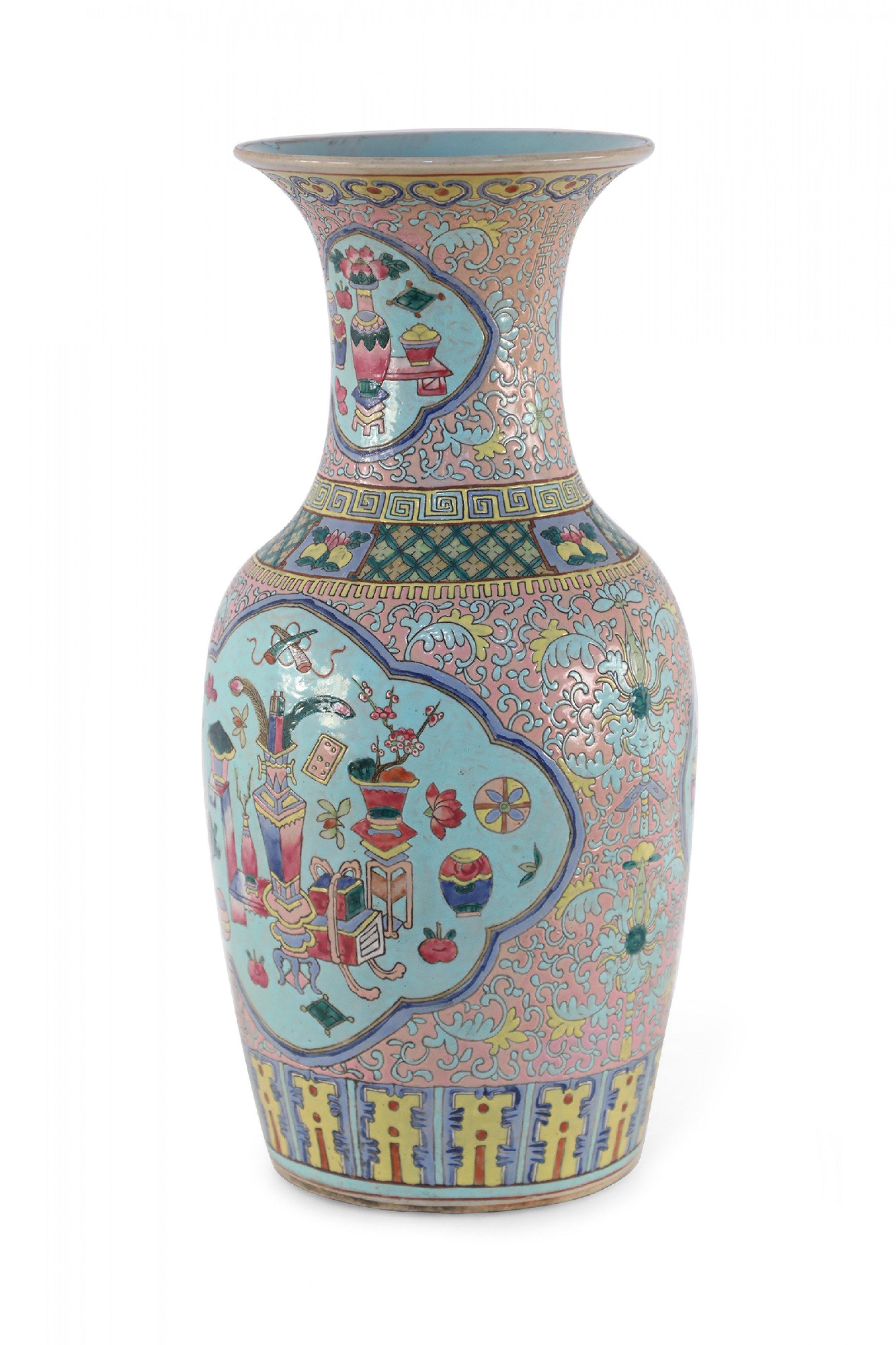 Chinese Export Chinese Pink Floral and Blue Cartouche Porcelain Urn For Sale