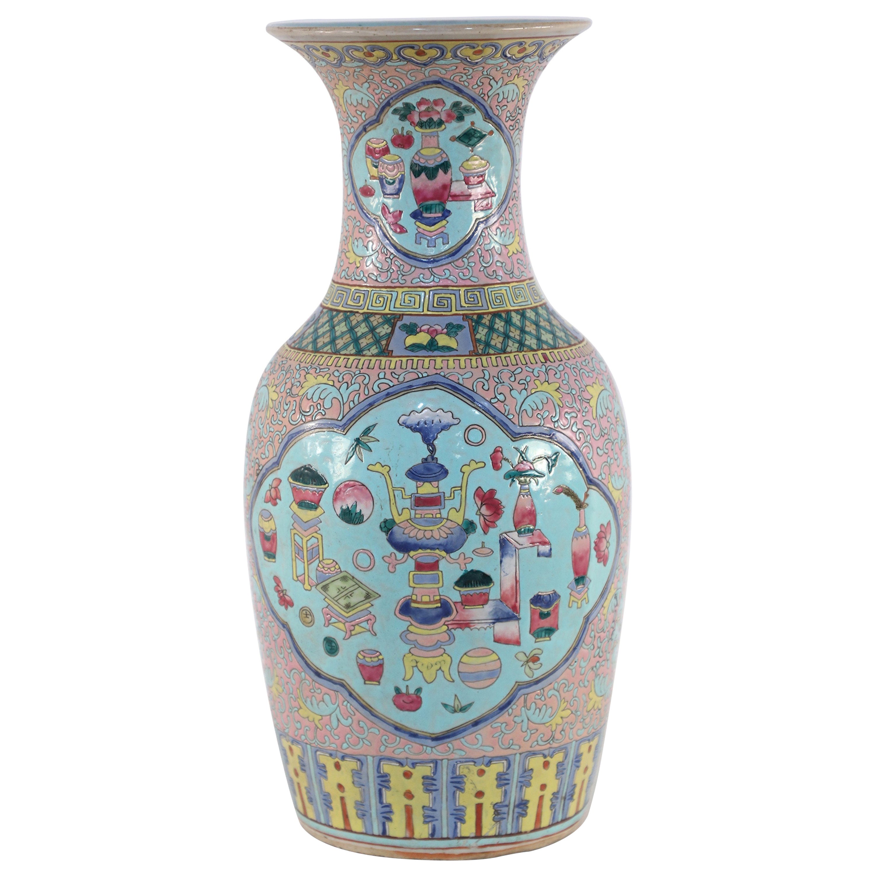 Chinese Pink Floral and Blue Cartouche Porcelain Urn