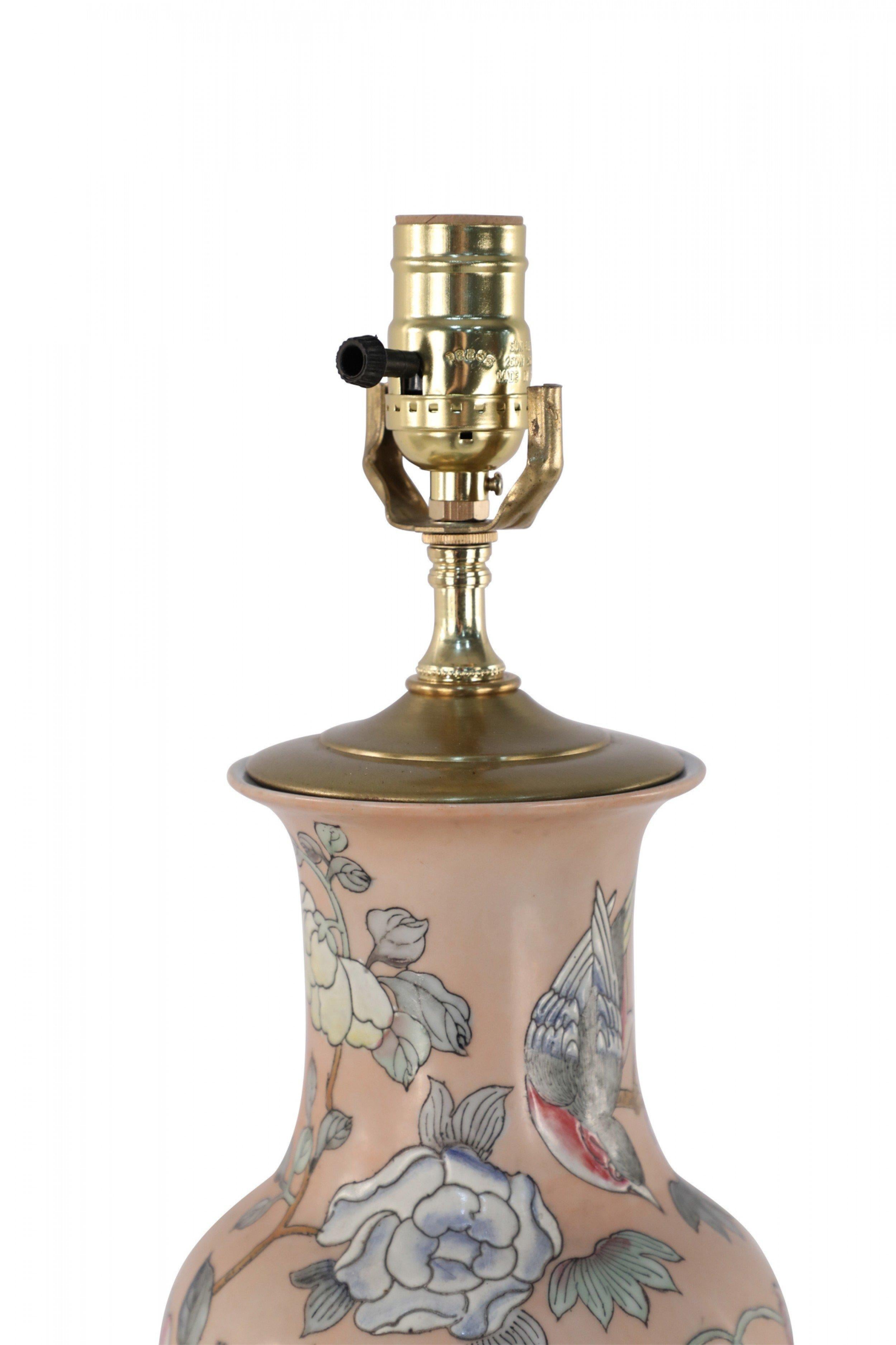 20th Century Chinese Pink Floral and Crane Design Table Lamp For Sale