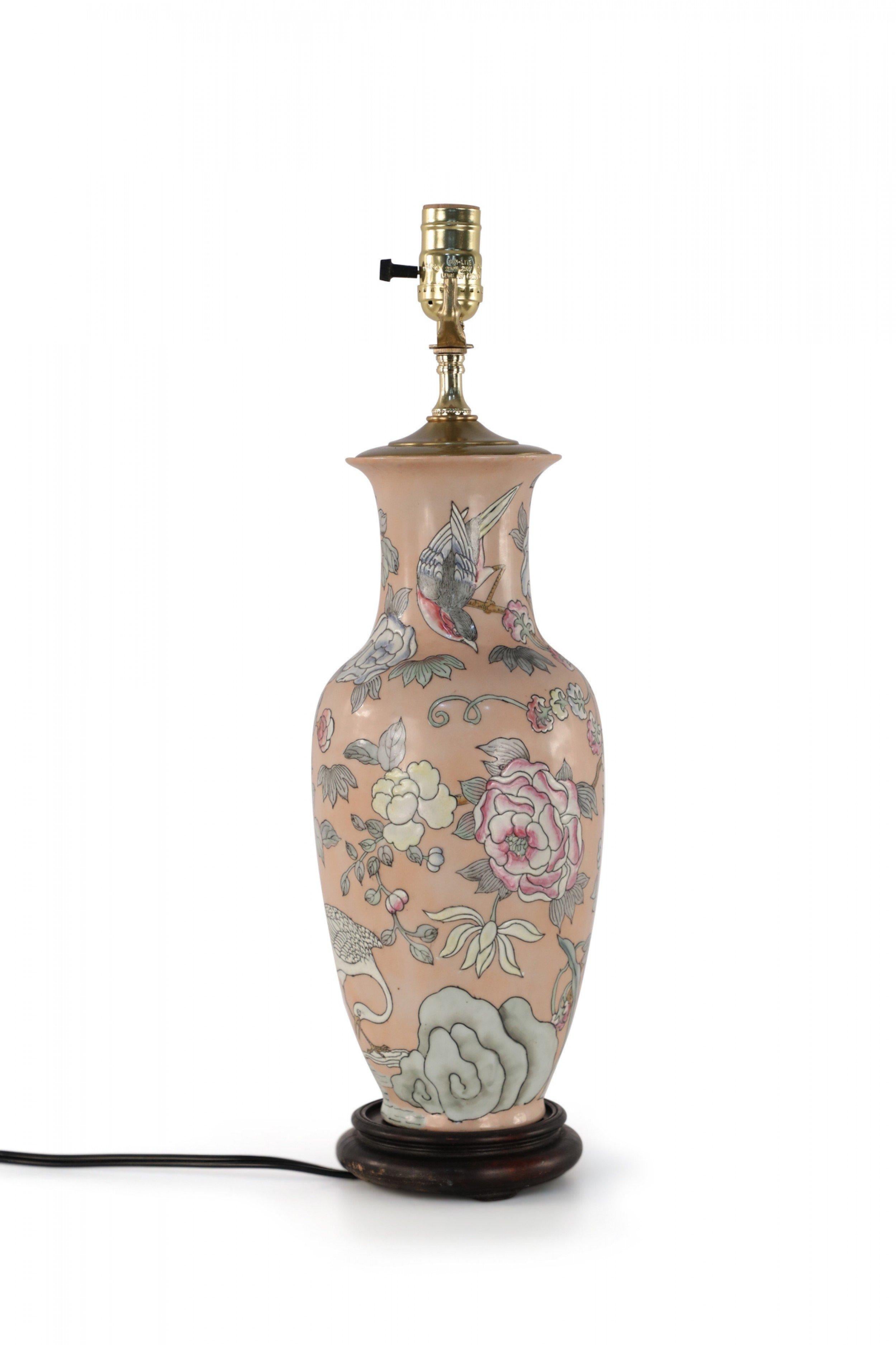 Metal Chinese Pink Floral and Crane Design Table Lamp For Sale
