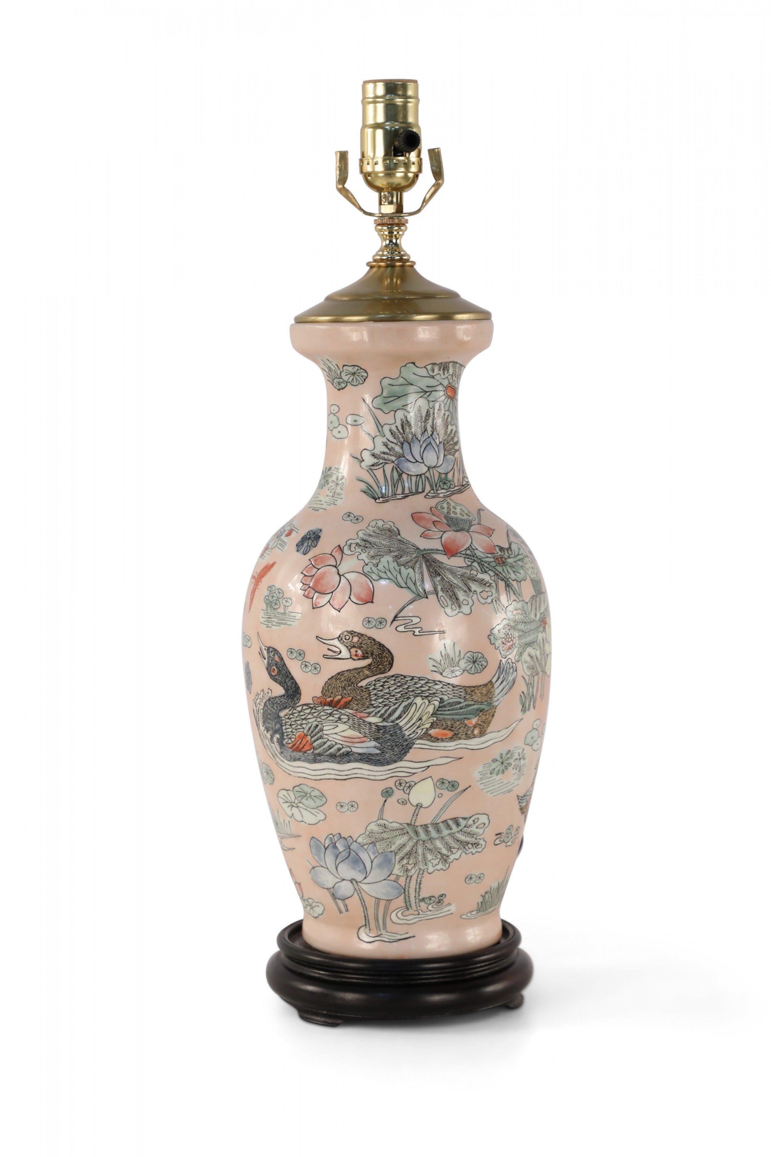 Brass Chinese Pink Floral and Duck Design Table Lamp For Sale