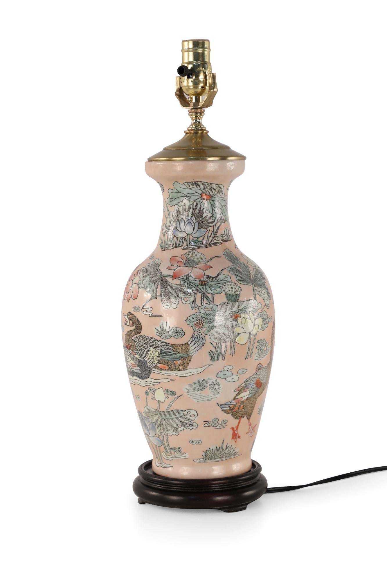 20th Century Chinese Pink Floral Baluster-Shaped Table Lamp with Ducks For Sale