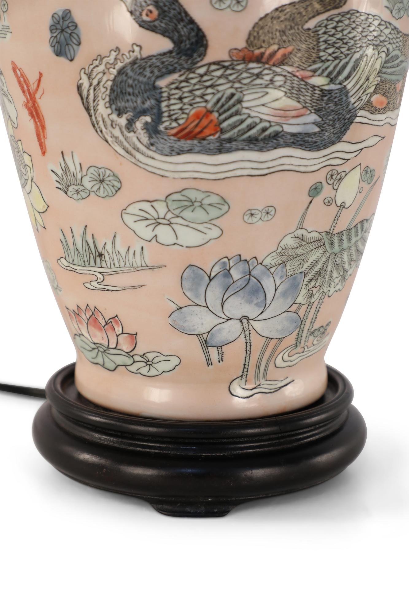 Ceramic Chinese Pink Floral Baluster-Shaped Table Lamp with Ducks For Sale