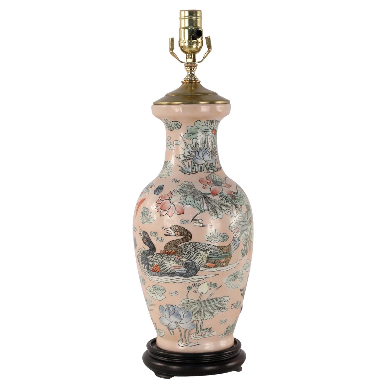 Chinese Pink Floral Baluster-Shaped Table Lamp with Ducks For Sale