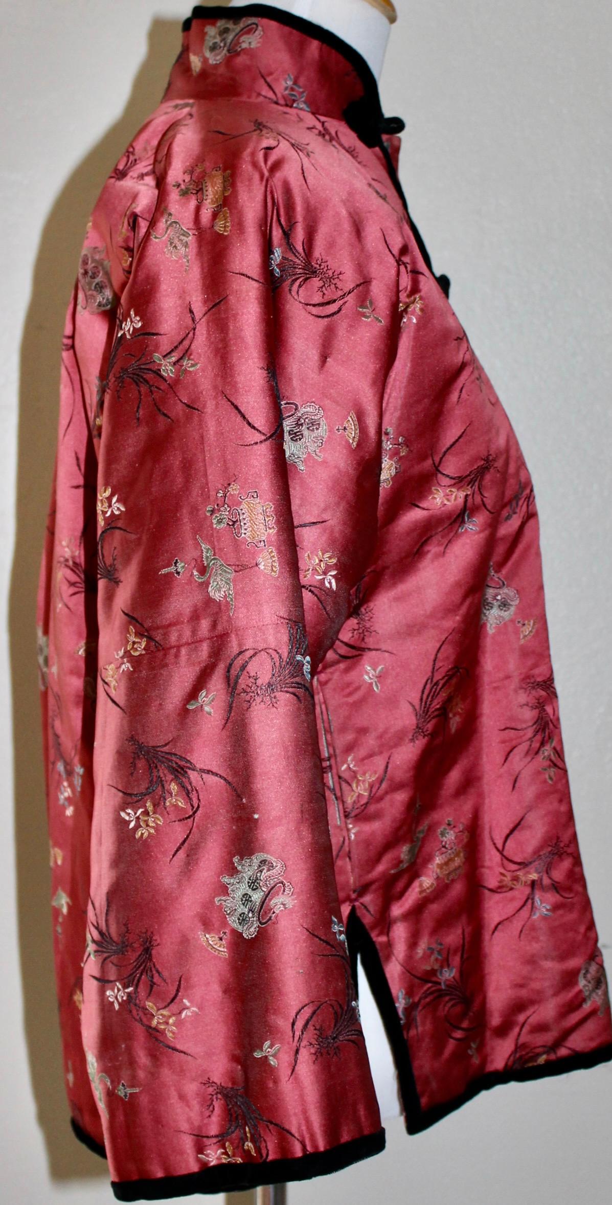 Women's Chinese Pink Lampas 1930's Curly Lamb Lining  For Sale