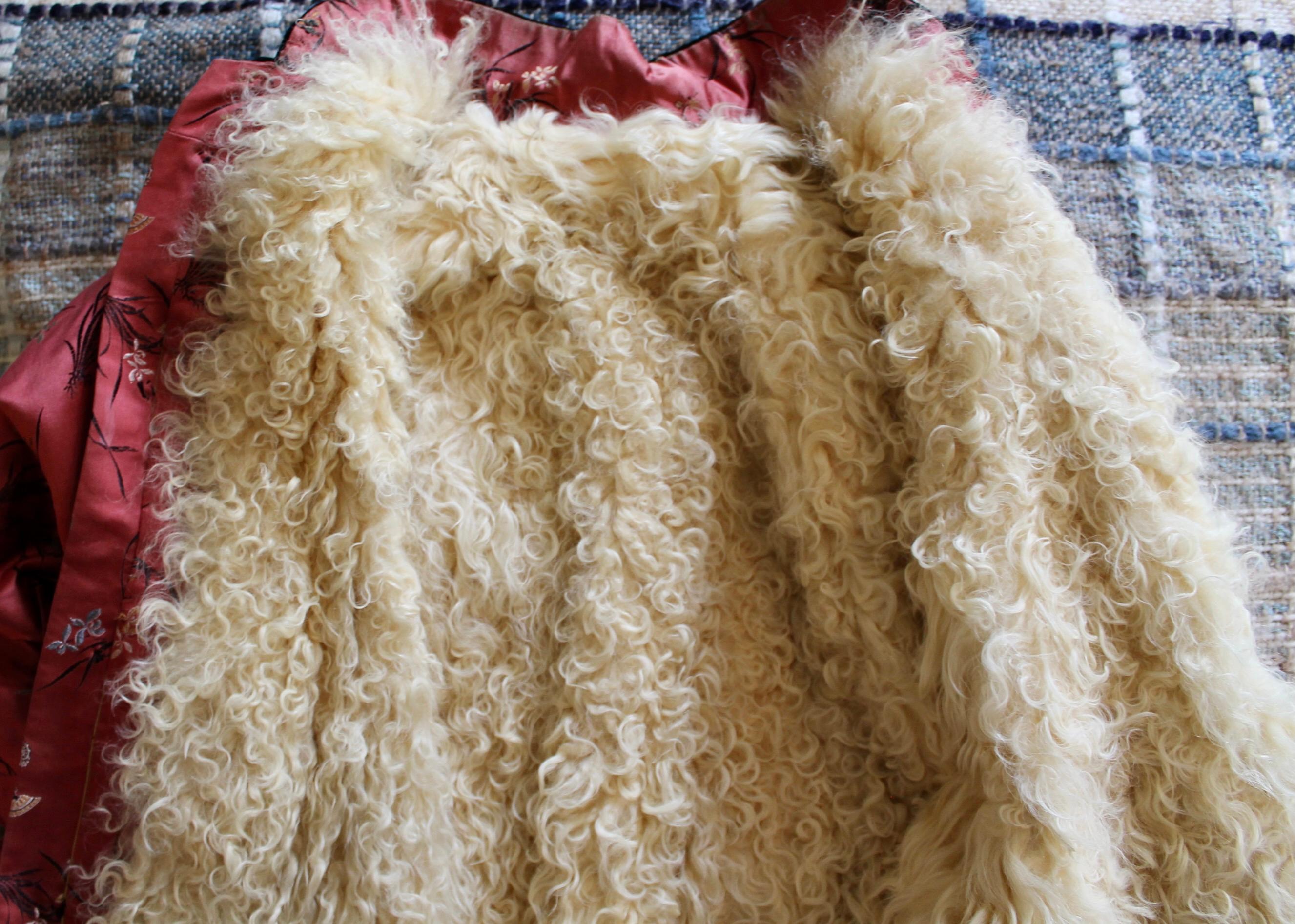 Chinese Pink Lampas 1930's Curly Lamb Lining  For Sale 5