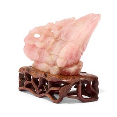 Poisson Carpe Rose Quartz Chinois Modèle Sculpture Figure Bois Dur Support