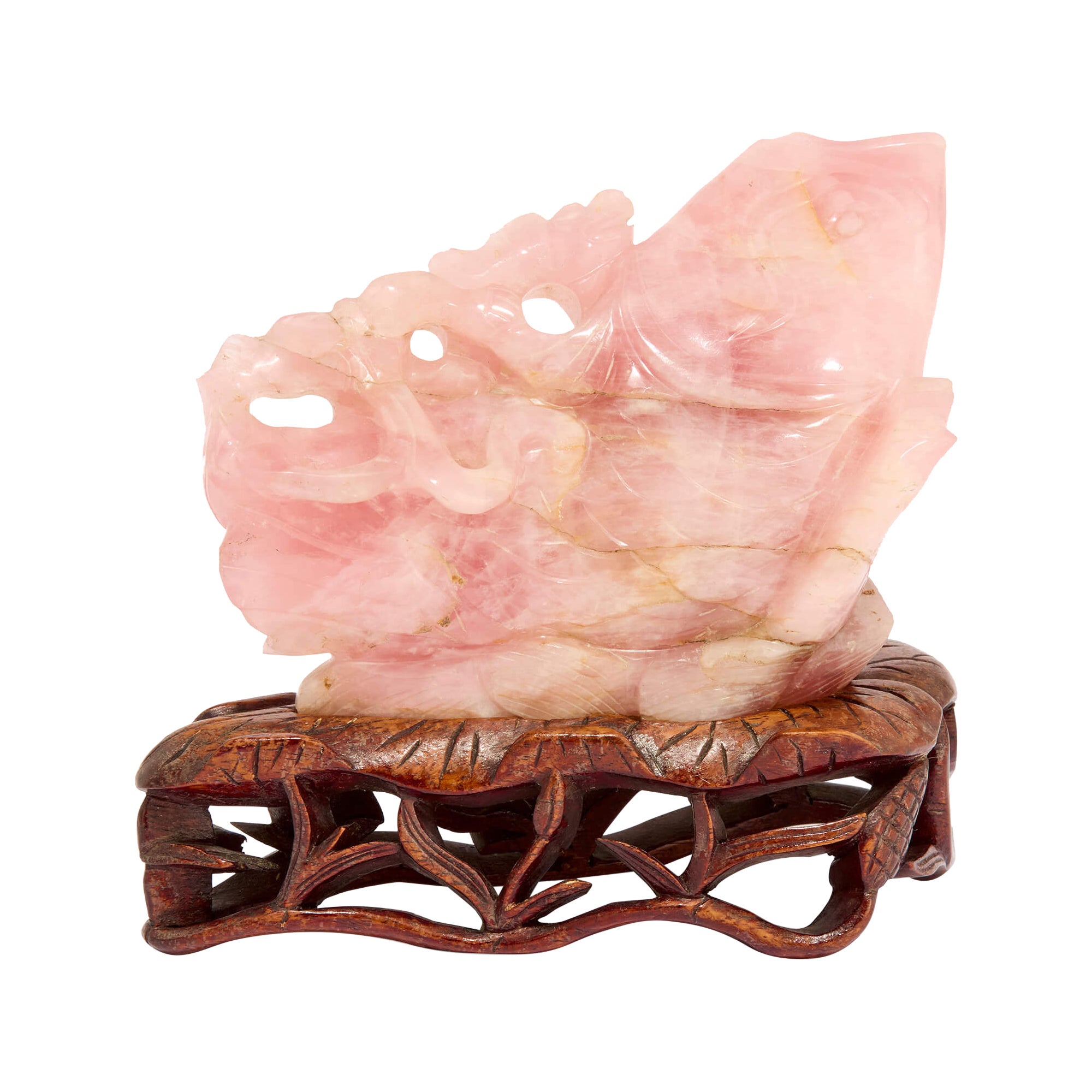 Carpa cinese di quarzo rosa Modello di scultura di pesce Figura di legno duro Stand