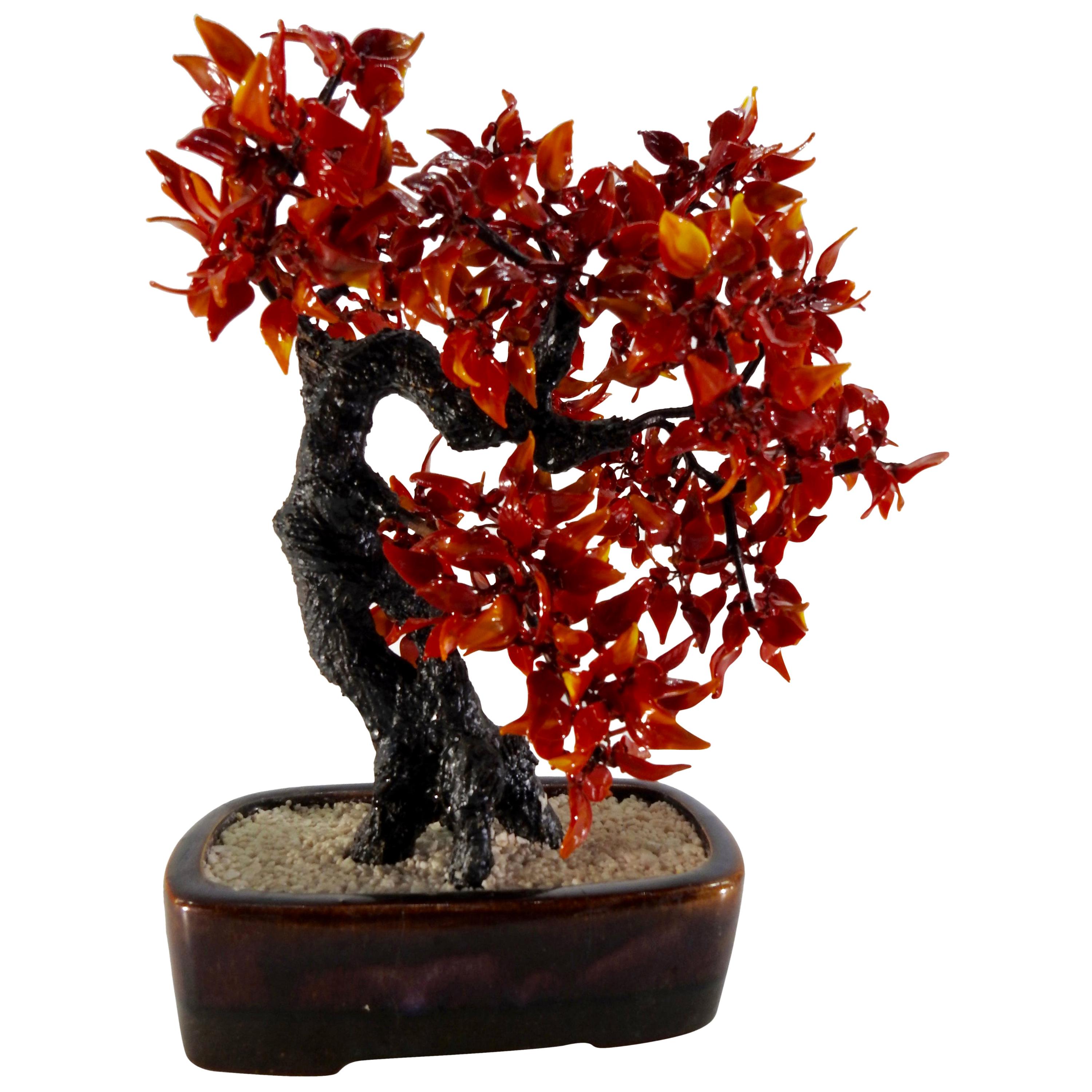 Chinese Polished Glass Leaves on Bonsai Tree Vintage For Sale