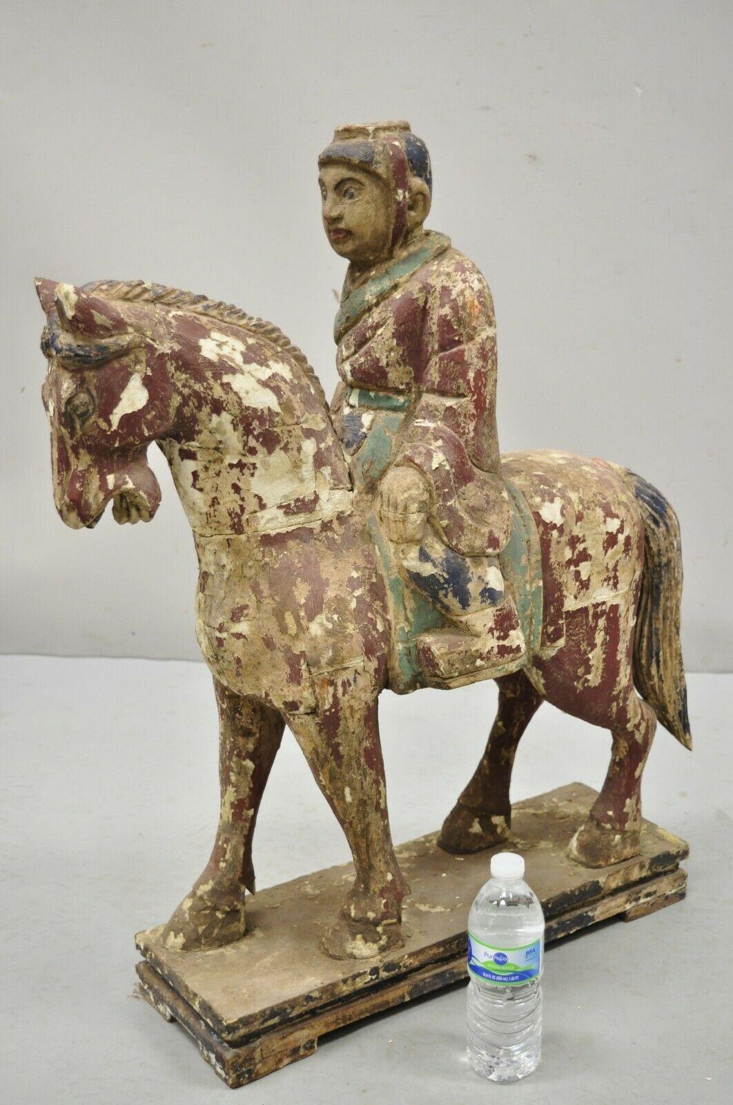 Chinese Polychrome Carved Wood Tang Horse and Rider Statue Sculpture For Sale 5