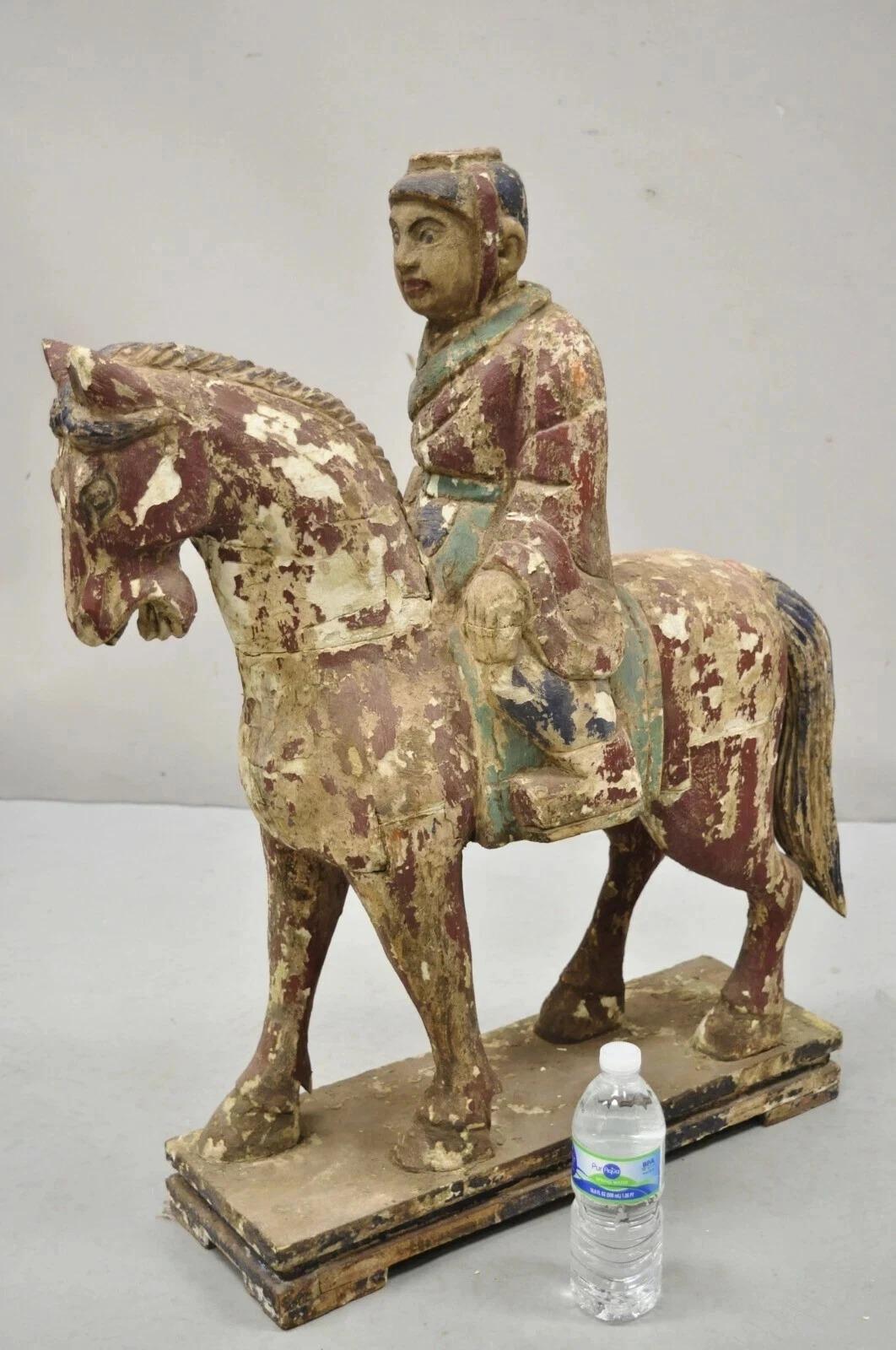 Chinesisch Polychrome geschnitzt Holz Tang Pferd und Reiter Statue Skulptur im Angebot 6