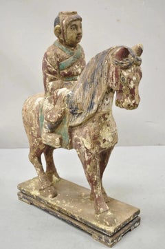 Chinese Polychrome Carved Wood Tang Horse and Rider Statue Sculpture