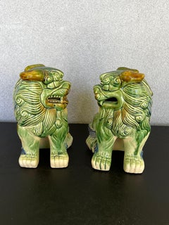 Chinese Polychrome Ceramic Glaze Foo Dogs - a Pair
