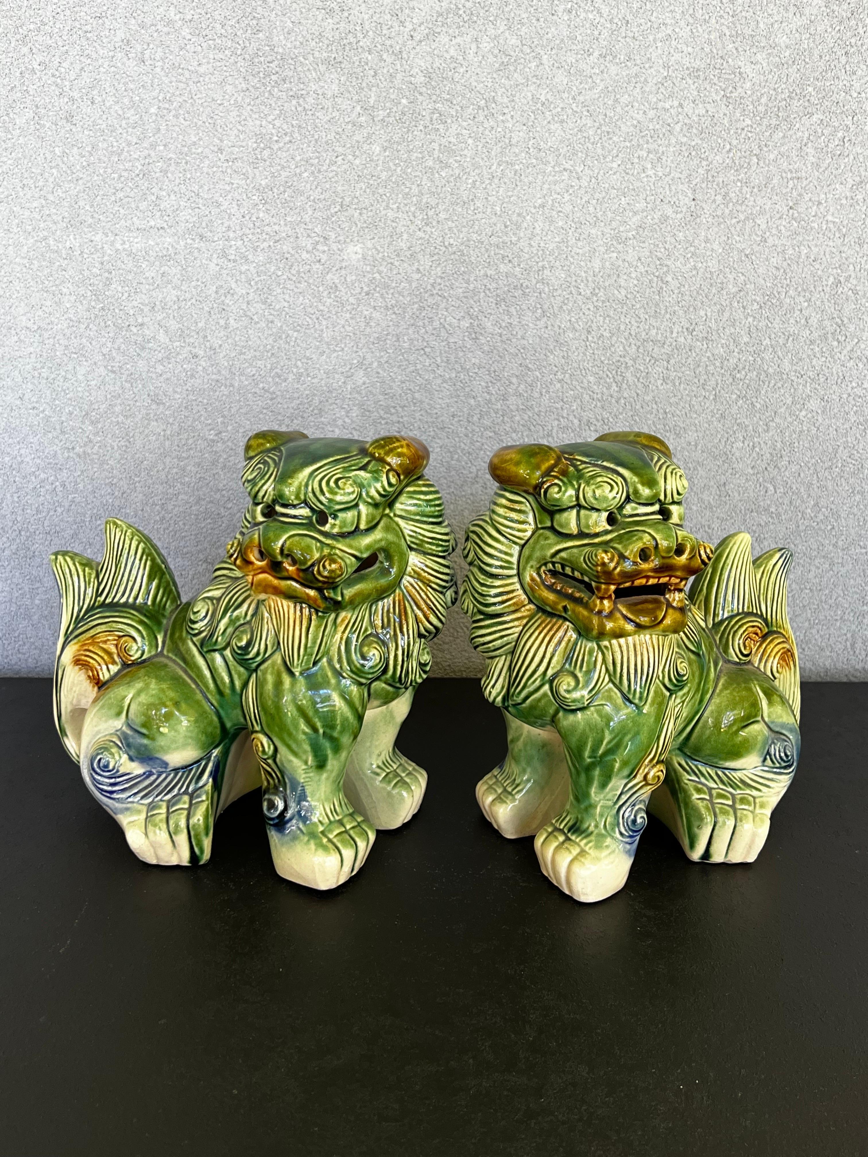 Chinoiserie Chinese Polychrome Ceramic Glaze Foo Dogs - a Pair