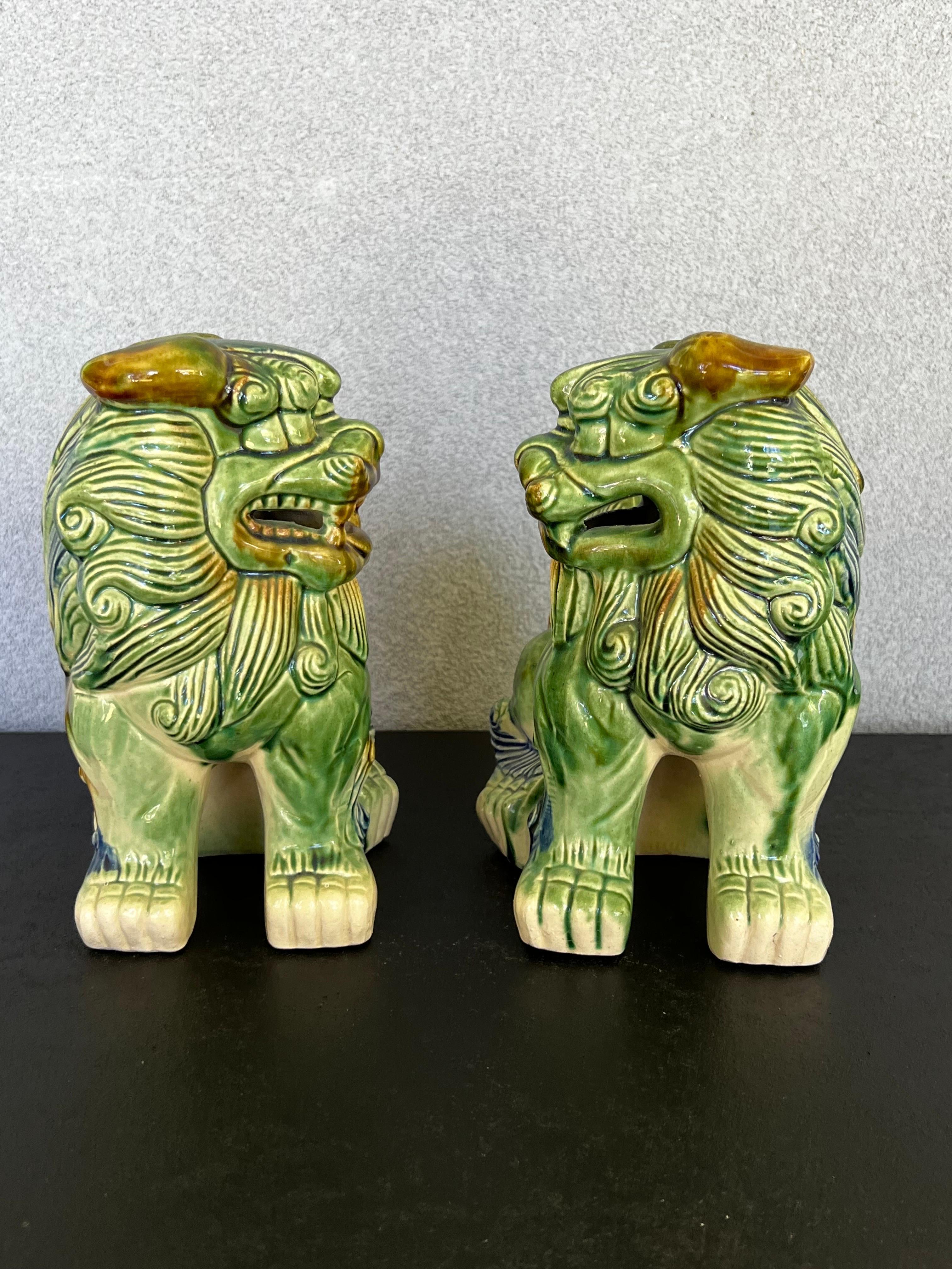 Glazed Chinese Polychrome Ceramic Glaze Foo Dogs - a Pair