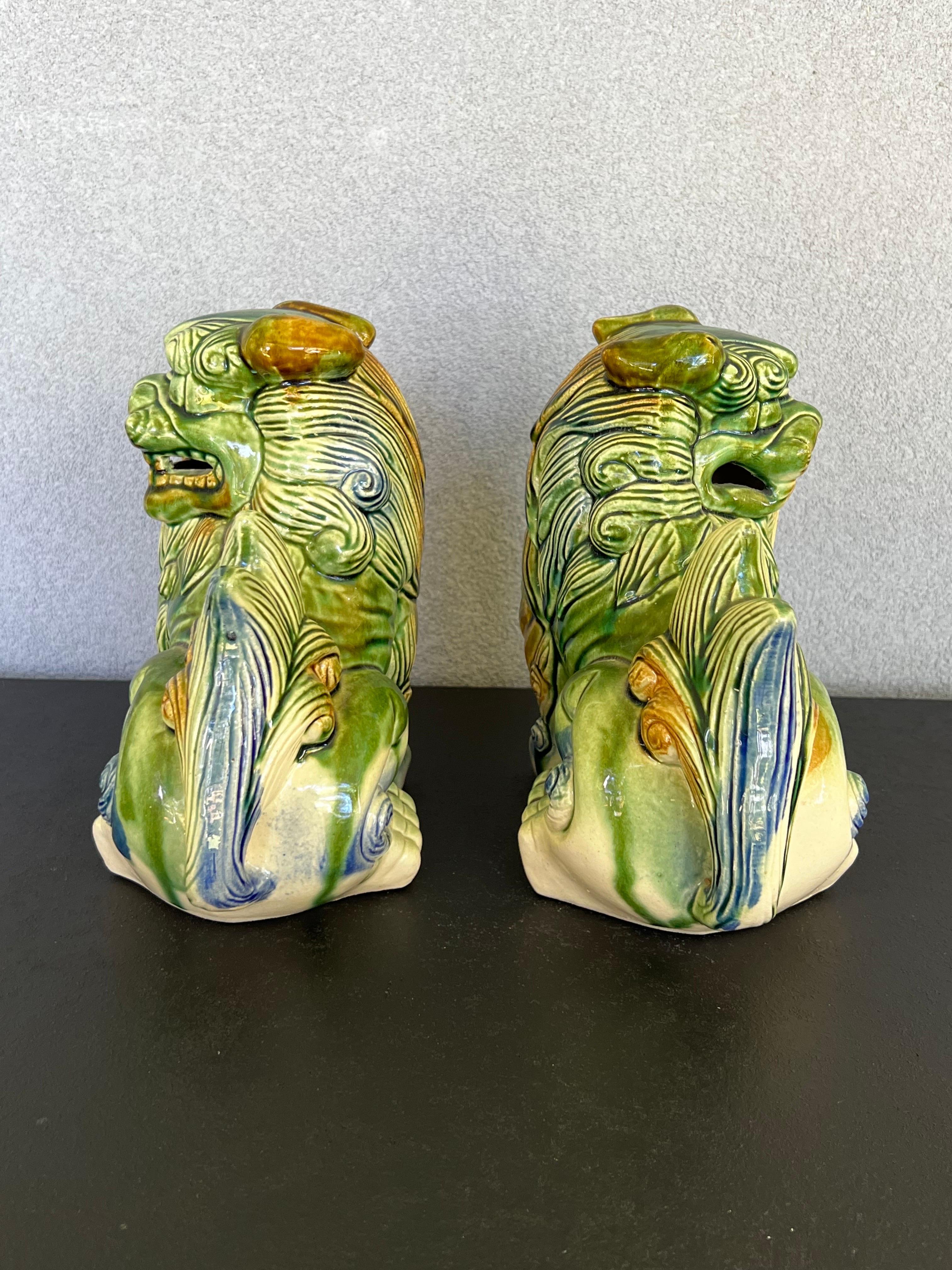 Chinese Polychrome Ceramic Glaze Foo Dogs - a Pair In Good Condition In Fort Washington, MD