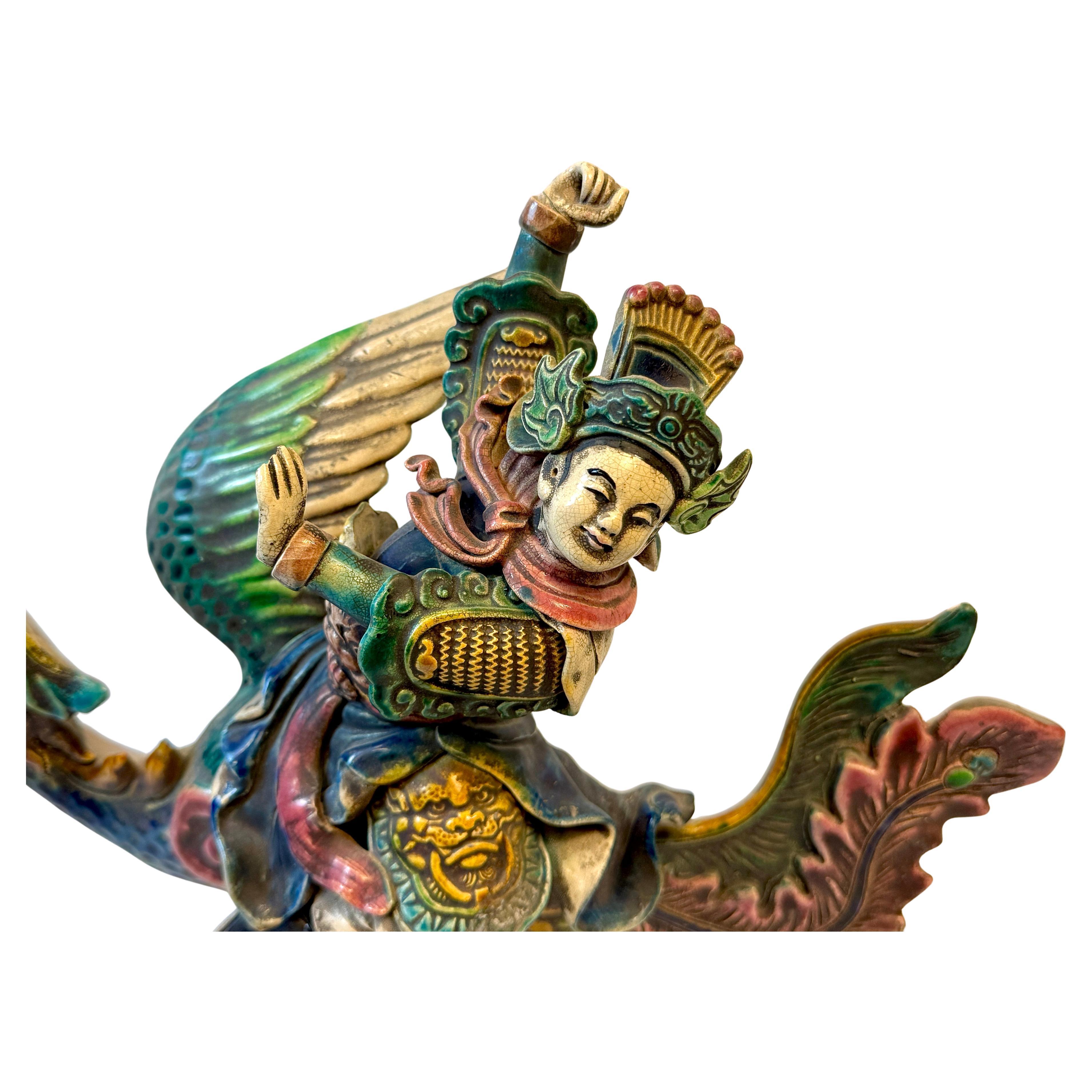 Exportation chinoise Tuile décorée polychrome chinoise, guerrier sur Phoenix en vente
