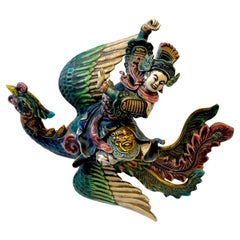 Tuile décorée polychrome chinoise, guerrier sur Phoenix