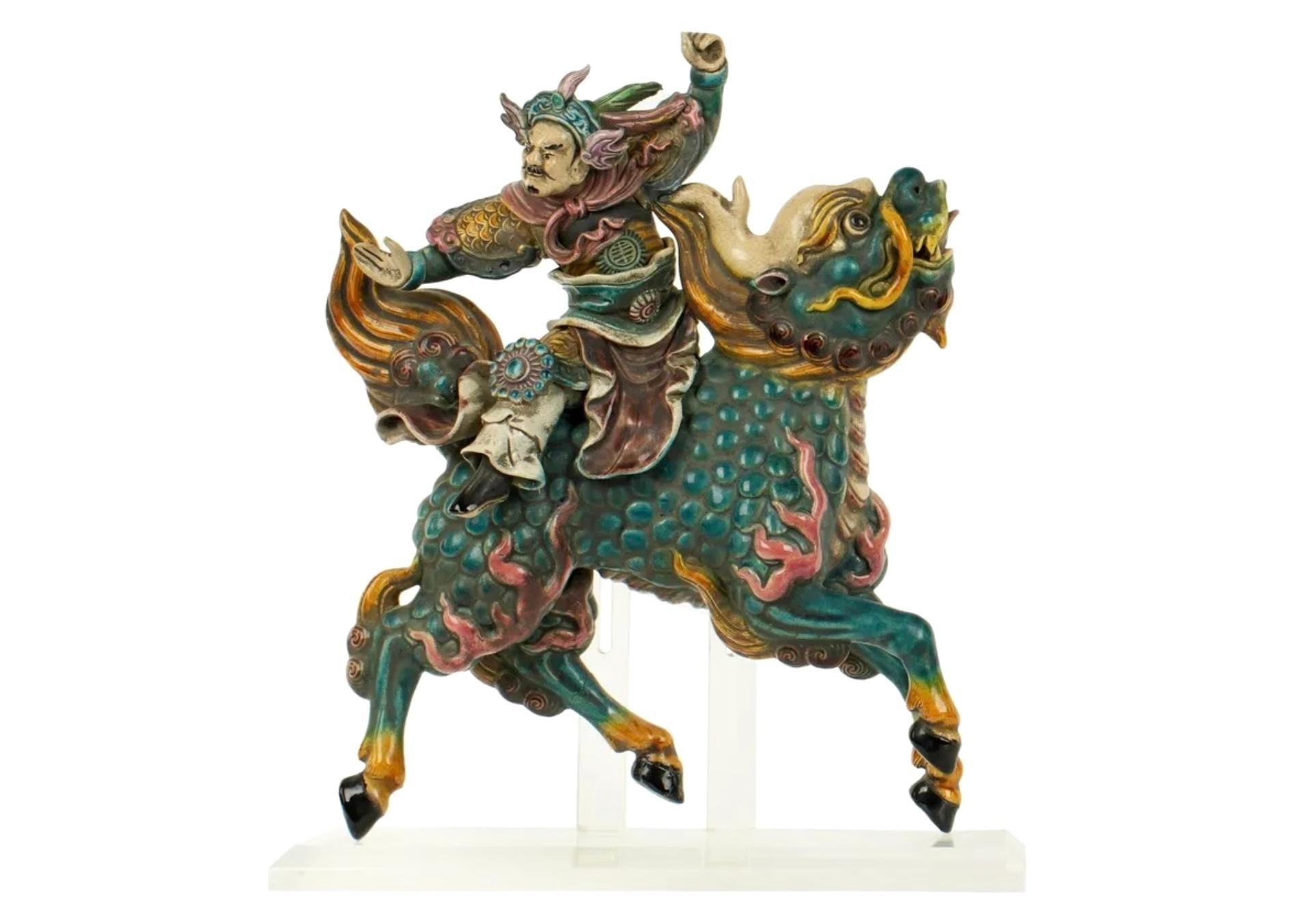 Chinese Polychrome Decorated Roof Tile, Warrior on Qilin Creature 4