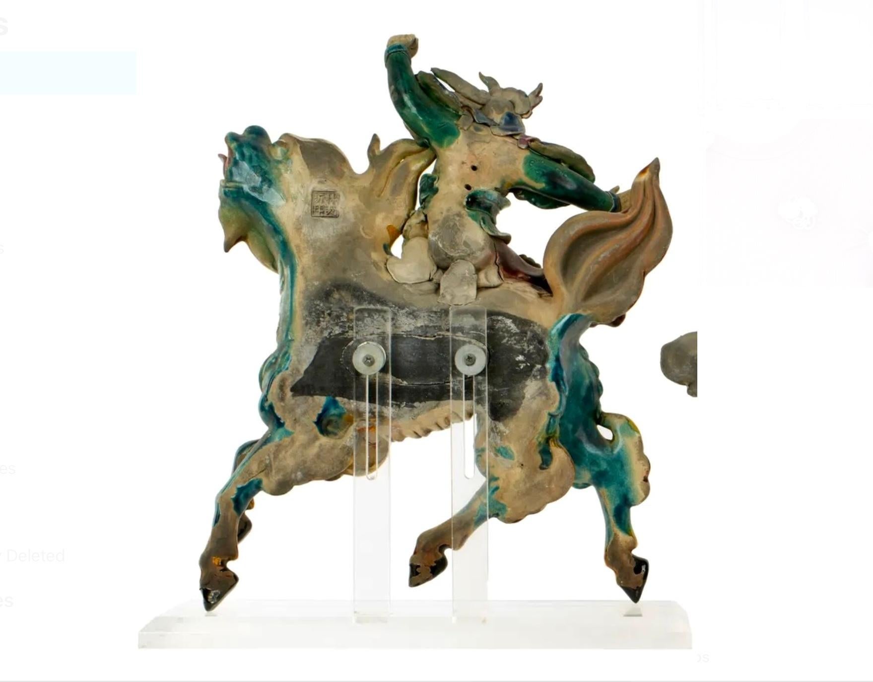 Chinese Polychrome Decorated Roof Tile, Warrior on Qilin Creature 5