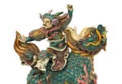 Chinese Polychrome Decorated Roof Tile, Warrior on Qilin Creature