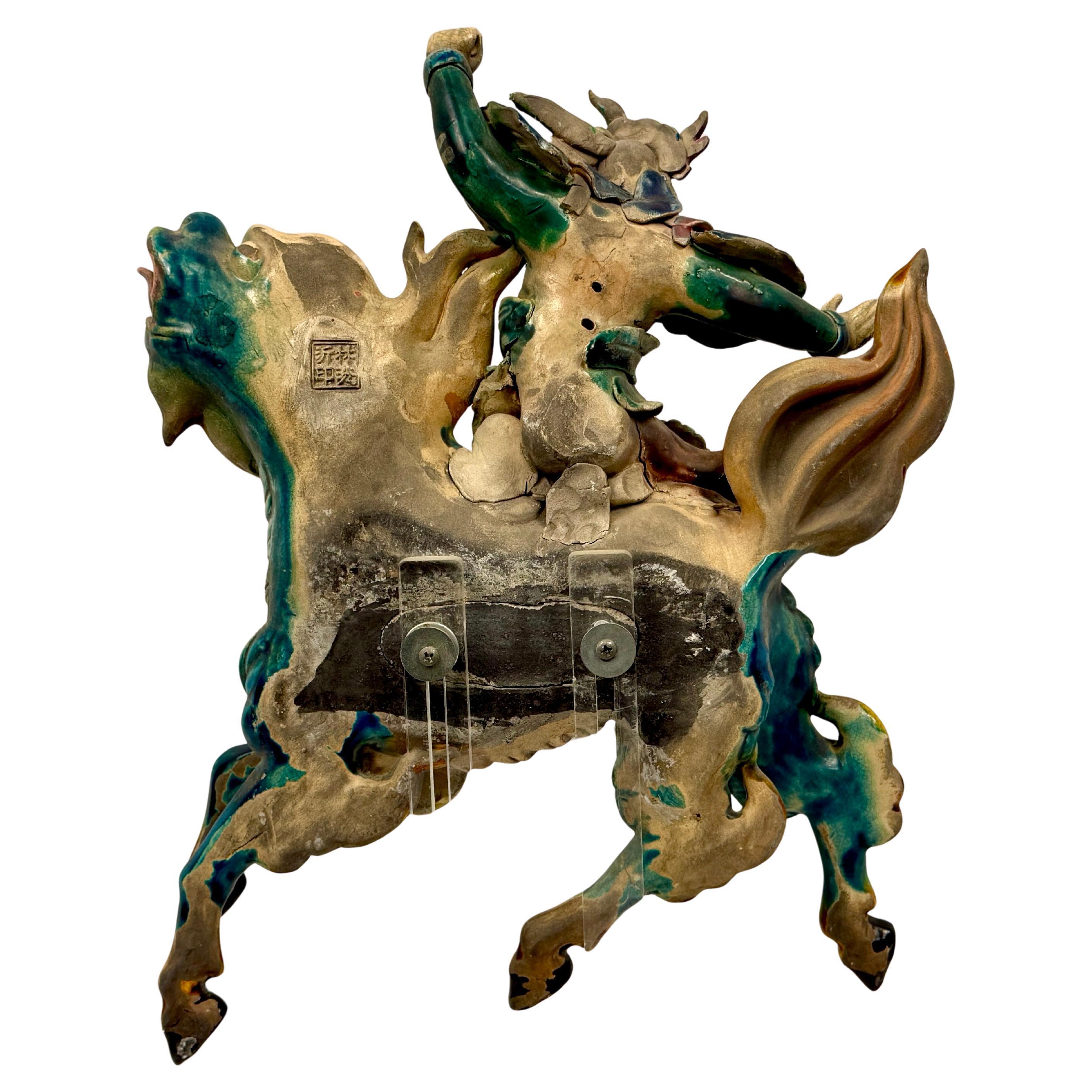 Chinese Export Chinese Polychrome Decorated Roof Tile, Warrior on Qilin Creature