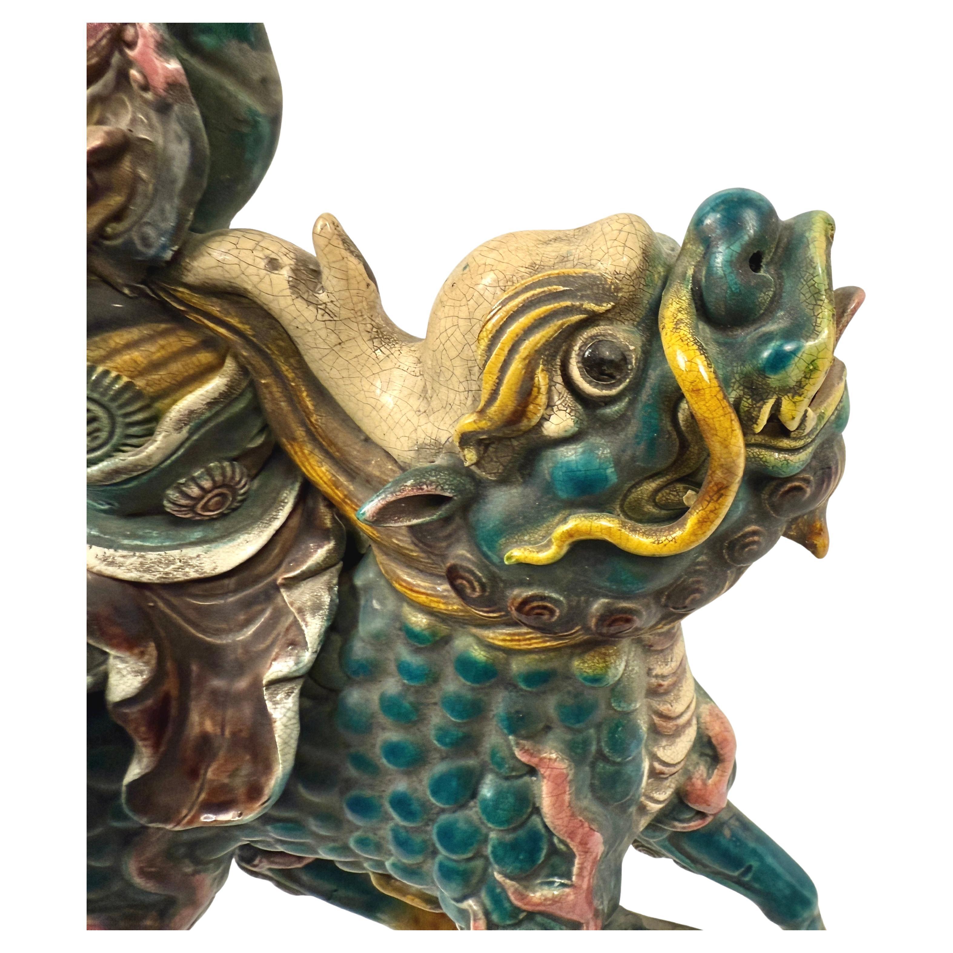 Chinese Polychrome Decorated Roof Tile, Warrior on Qilin Creature In Good Condition In Bradenton, FL