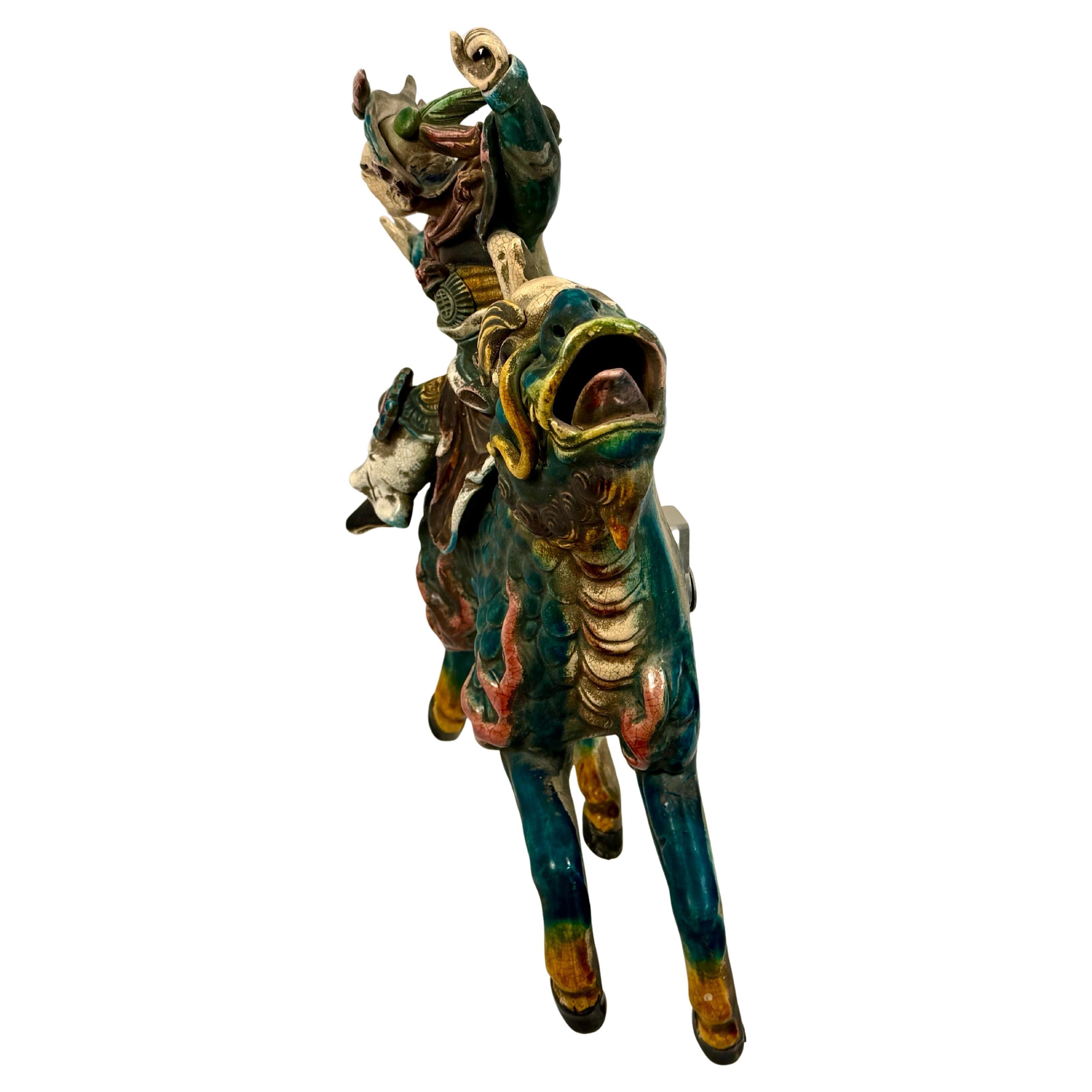 20th Century Chinese Polychrome Decorated Roof Tile, Warrior on Qilin Creature