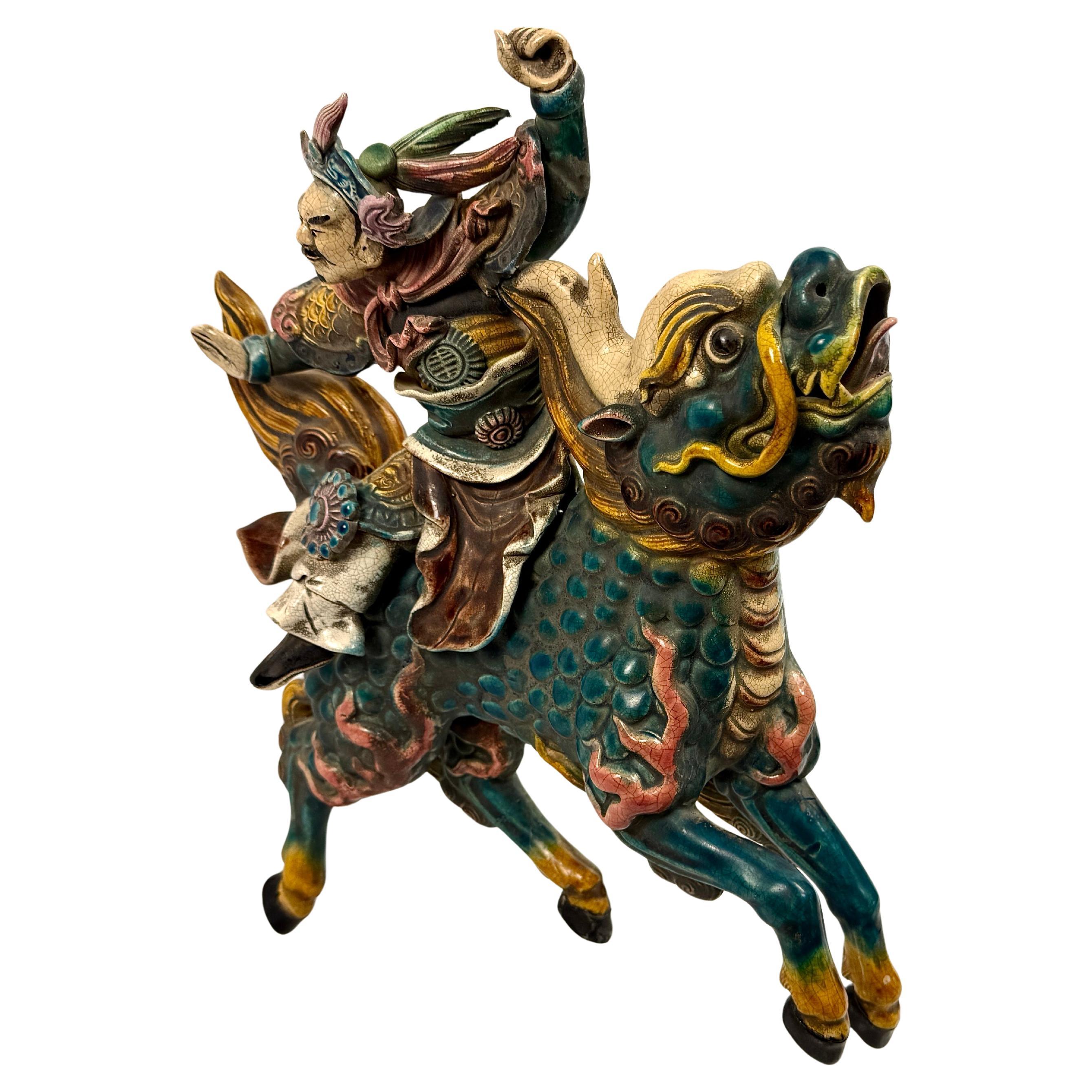 Pottery Chinese Polychrome Decorated Roof Tile, Warrior on Qilin Creature
